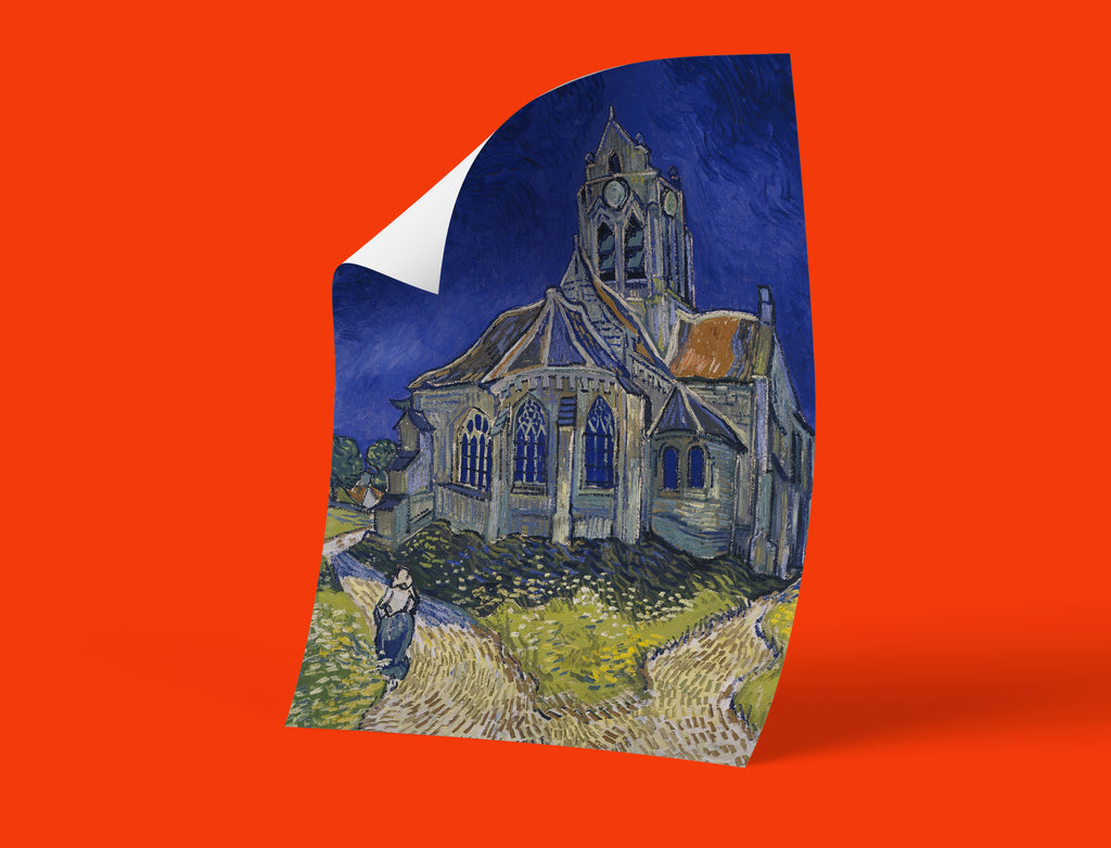 Post-impressionist masterpiece The Church at Auvers by Vincent van Gogh showing French Gothic church with bell tower and expressive brushstrokes