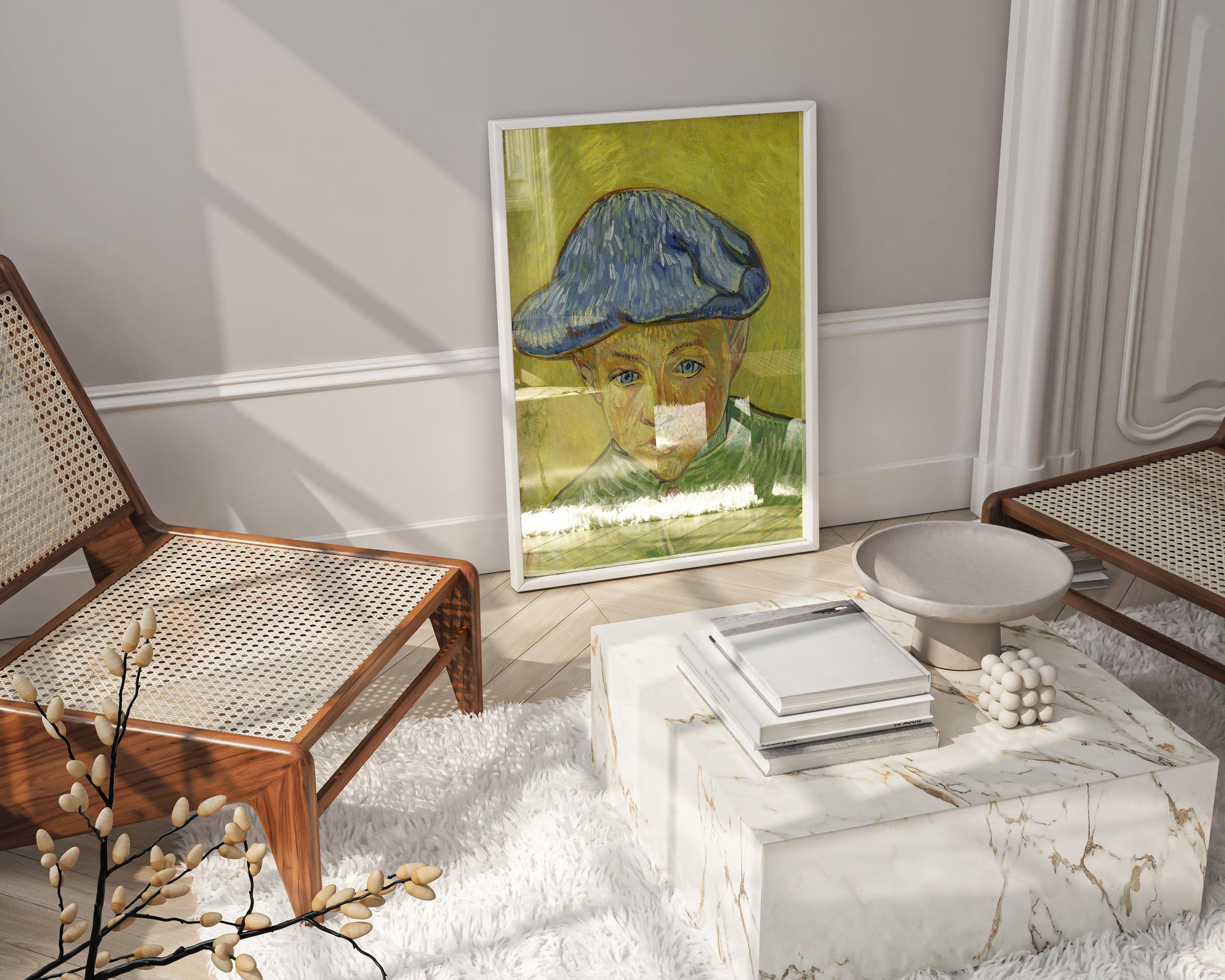 Van Gogh Portrait of Camille Roulin framed art print displayed on living room wall, showing premium black frame with museum-quality reproduction and yellow Post-Impressionist colours