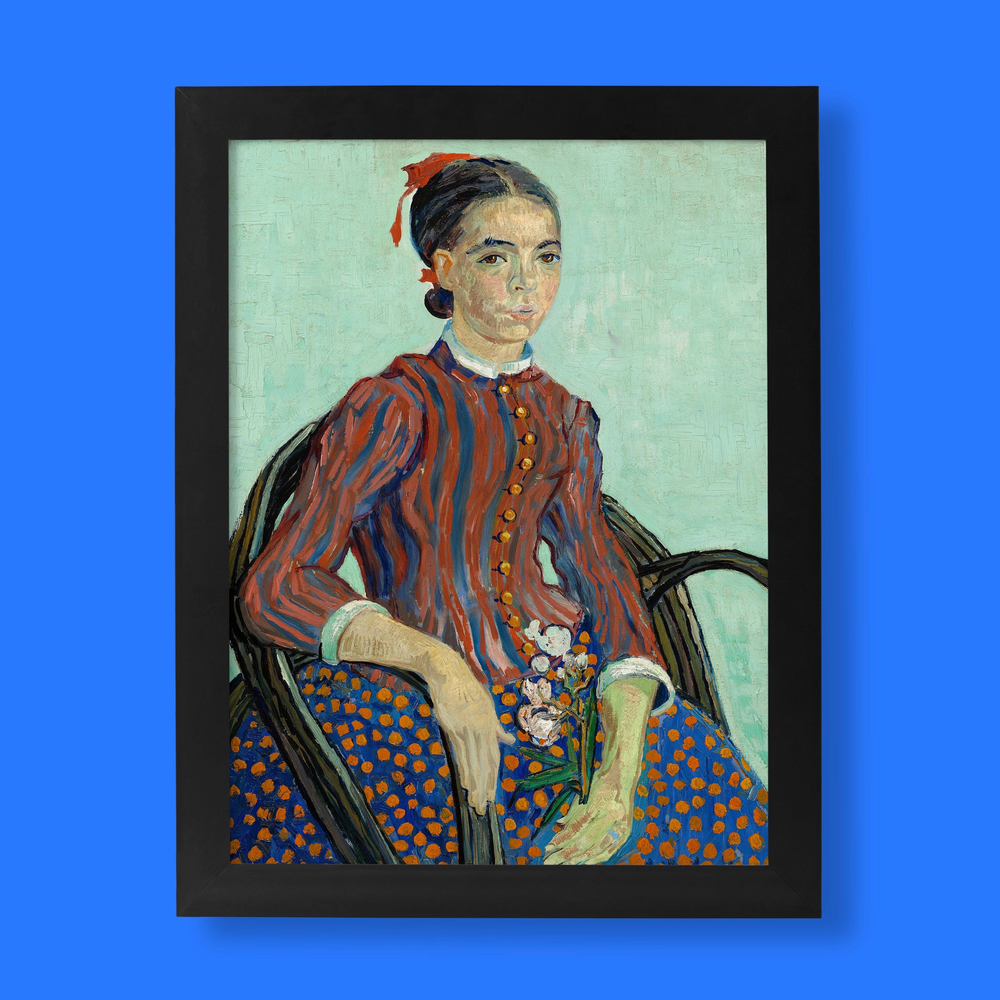 Vincent van Gogh "La Mousmé" fine art print showcasing the iconic portrait with its vivid colours and striking patterns, perfect for a modern home.