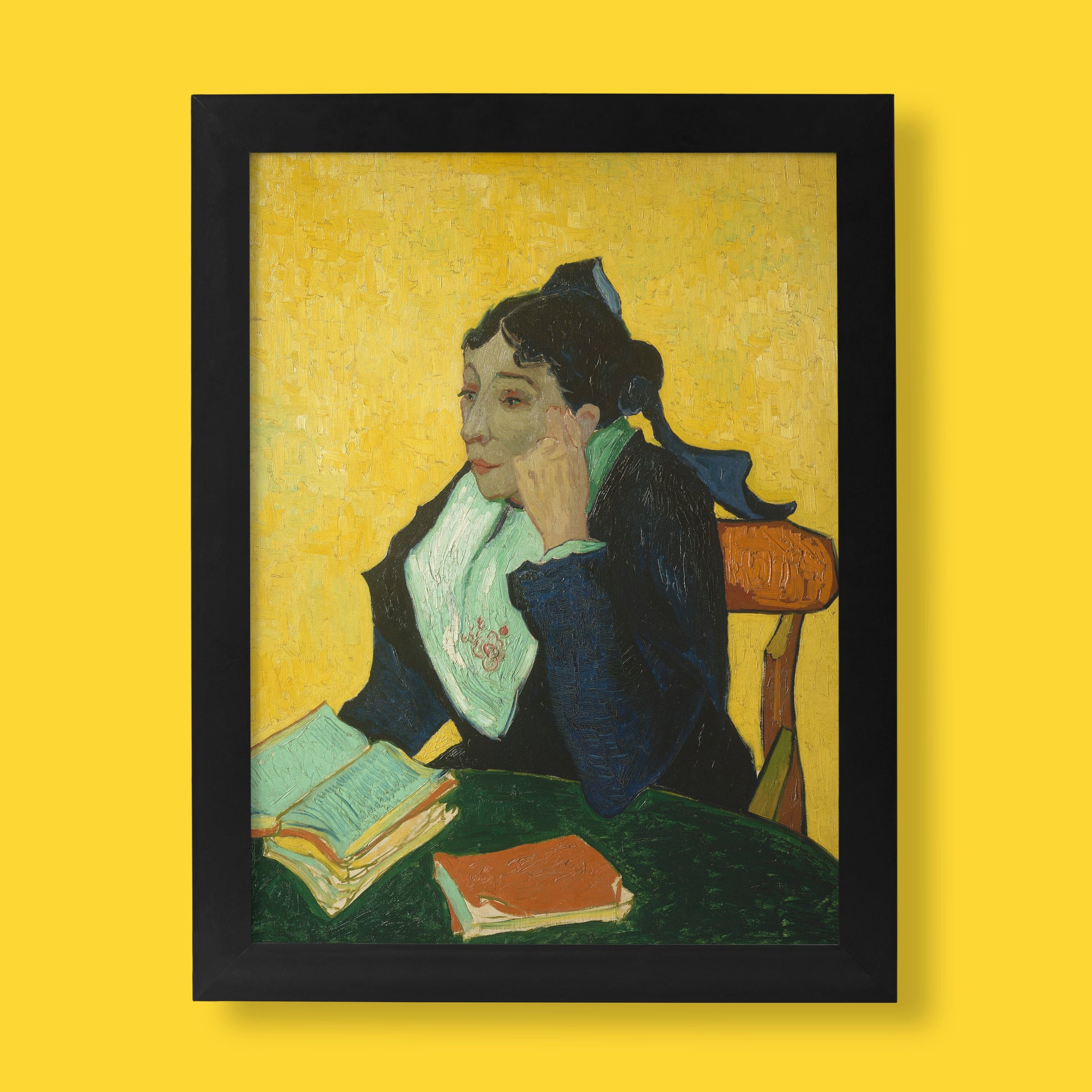 Vincent van Gogh L'Arlésienne Madame Ginoux fine art print reproduction showing woman in traditional Arles costume against yellow background, premium giclée wall art for modern home décor