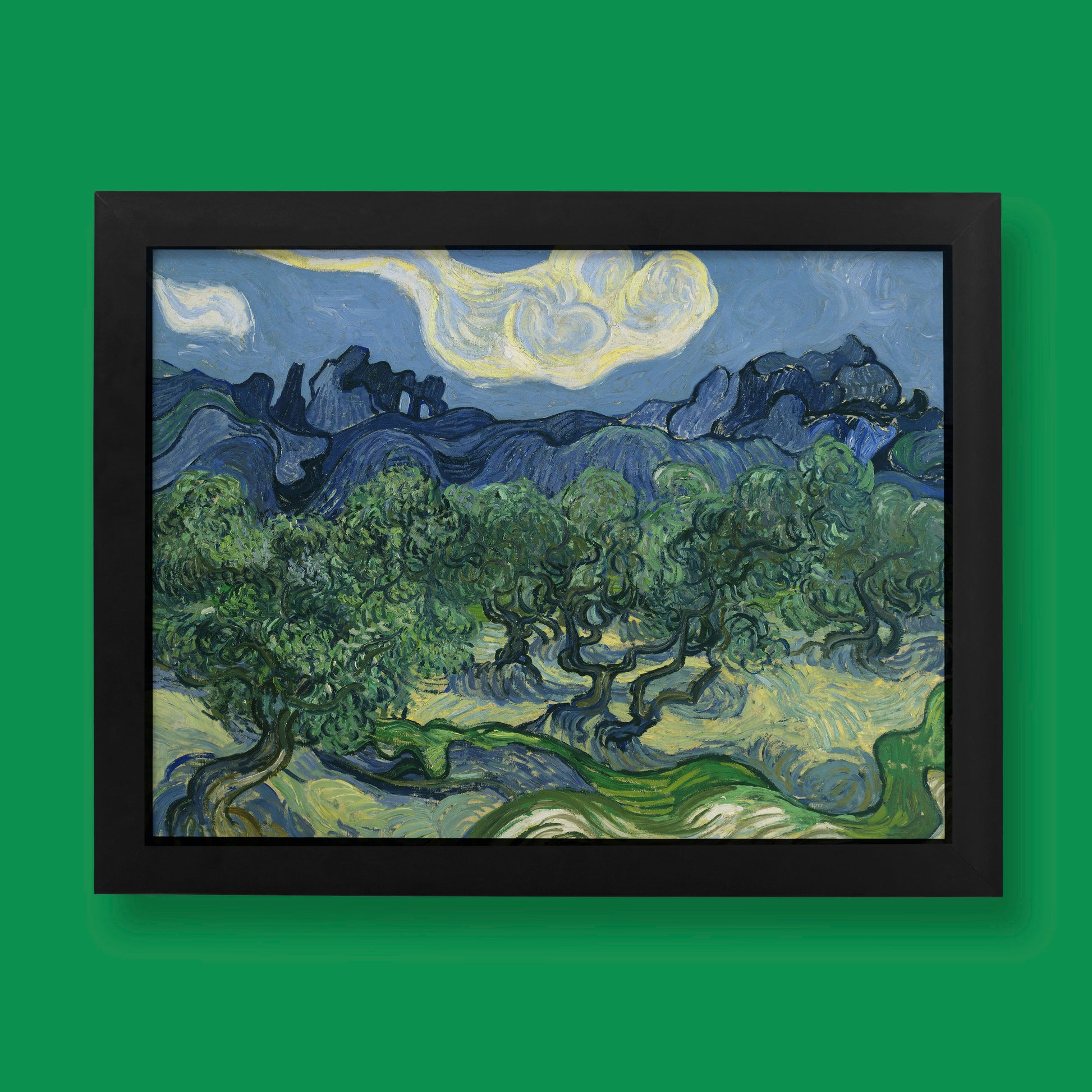 Vincent van Gogh Olive Trees fine art print featuring swirling green olive grove with blue mountains and yellow sky, museum quality giclée reproduction for wall art
