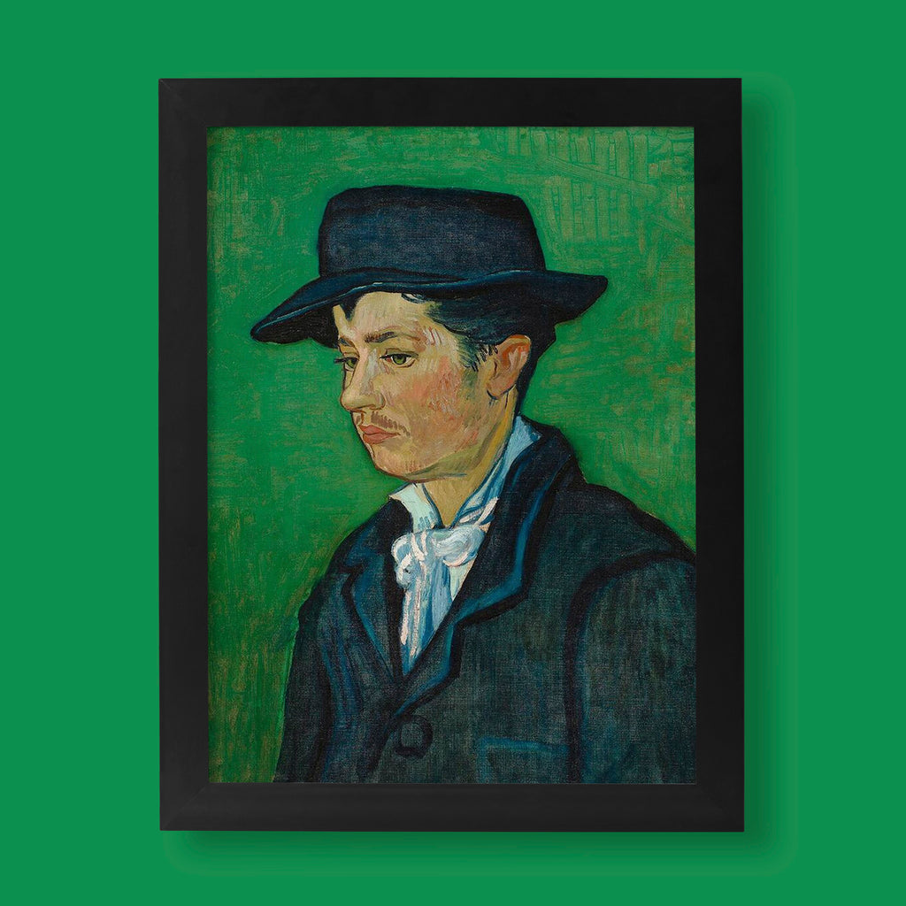 Vincent van Gogh Portrait of Armand Roulin fine art print reproduction showing young man in dark hat against green background, premium giclée wall art for modern home décor
