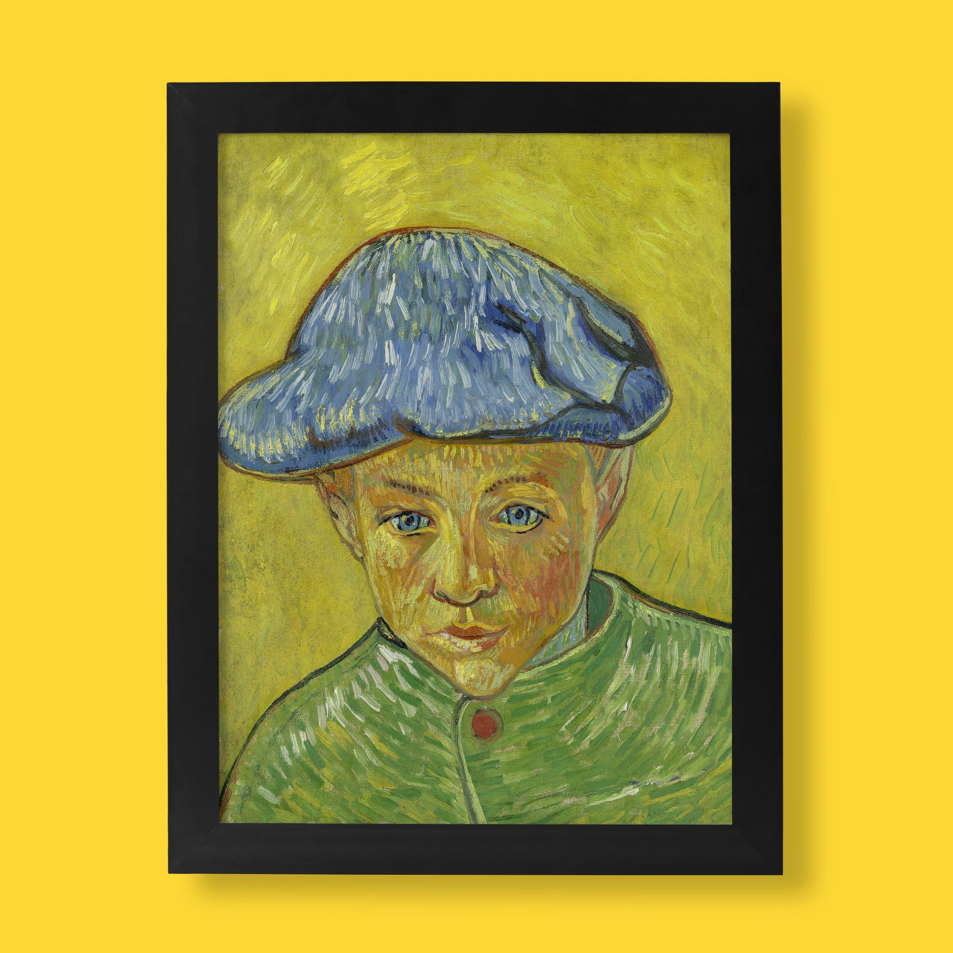 Vincent van Gogh Portrait of Camille Roulin fine art print featuring boy in blue cap and green jacket against vibrant yellow background, premium wall art reproduction