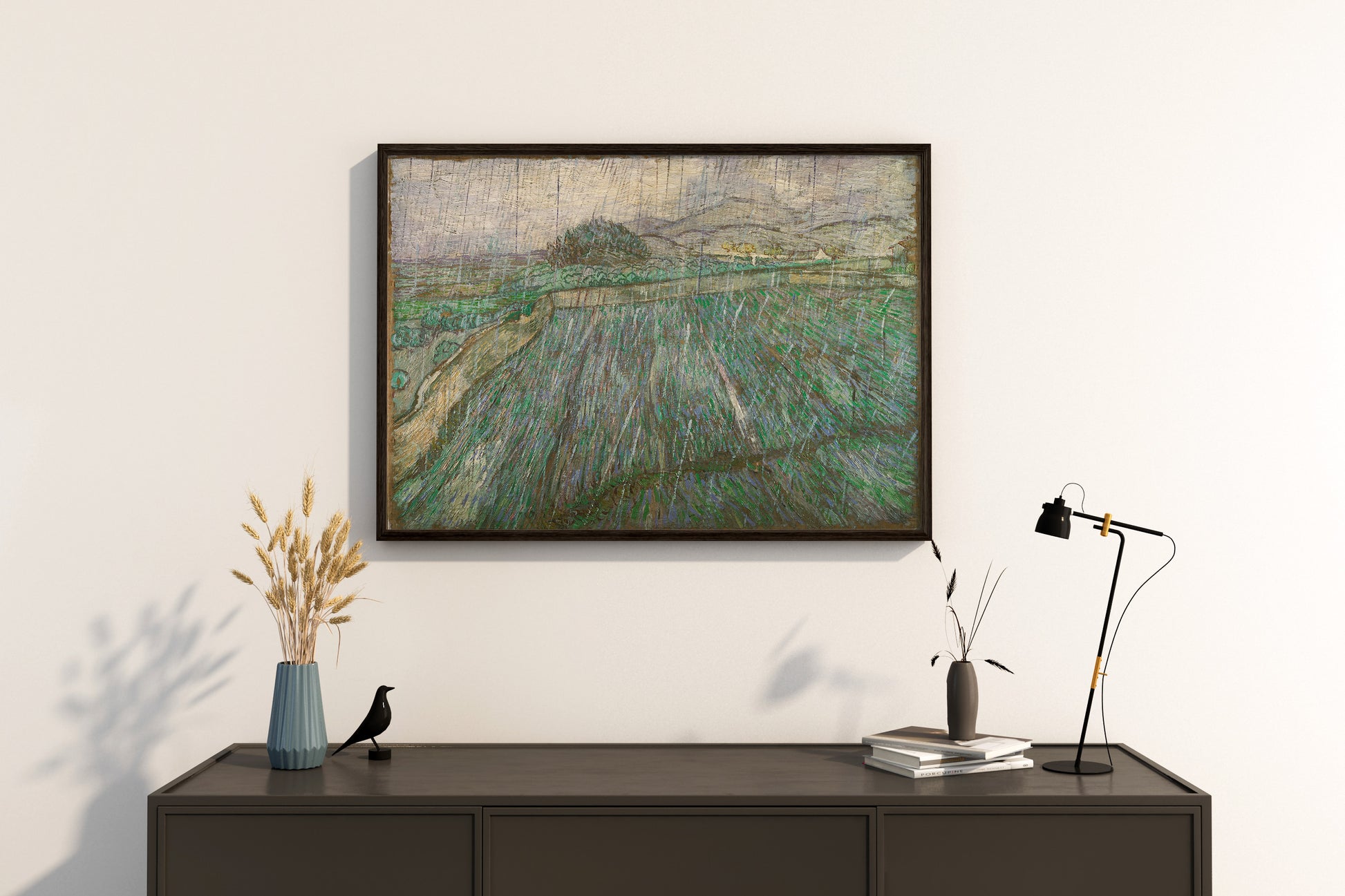 Framed poster of the Vincent van Gogh masterpiece 'Rain,' a perfect addition to a modern art collection.