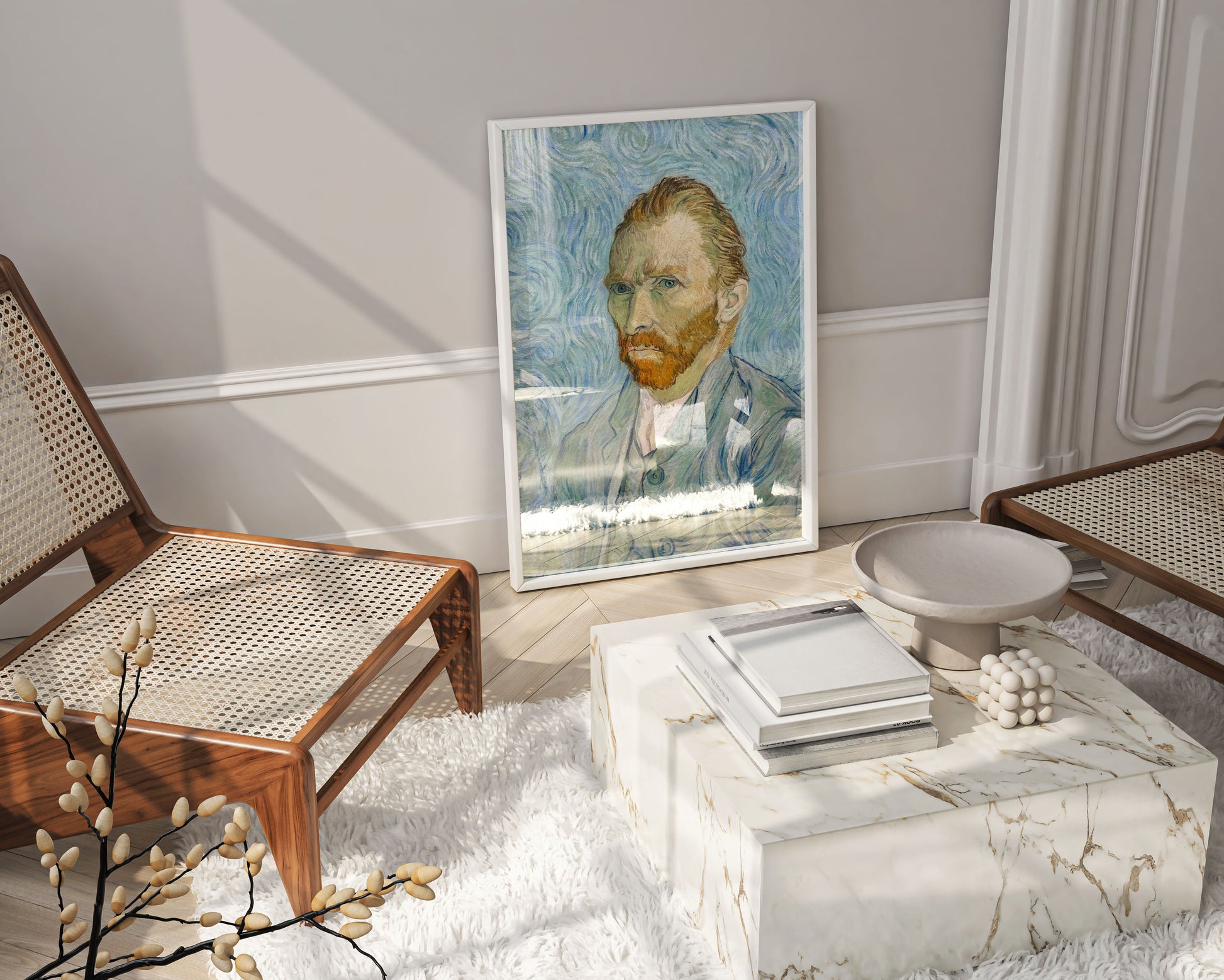 Elegant framed reproduction of van Gogh's famous self-portrait hung as sophisticated wall art, perfect example of classic Post-Impressionist fine art home decor display