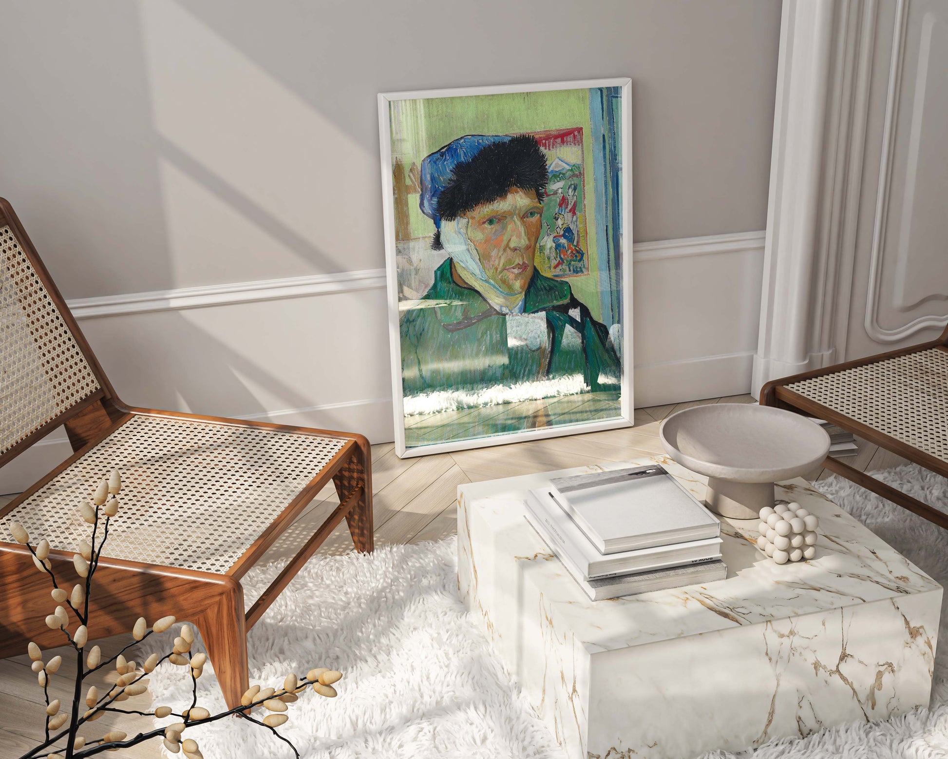 Vincent van Gogh Self-Portrait with Bandaged Ear framed art print displayed in a stylish luxury living room