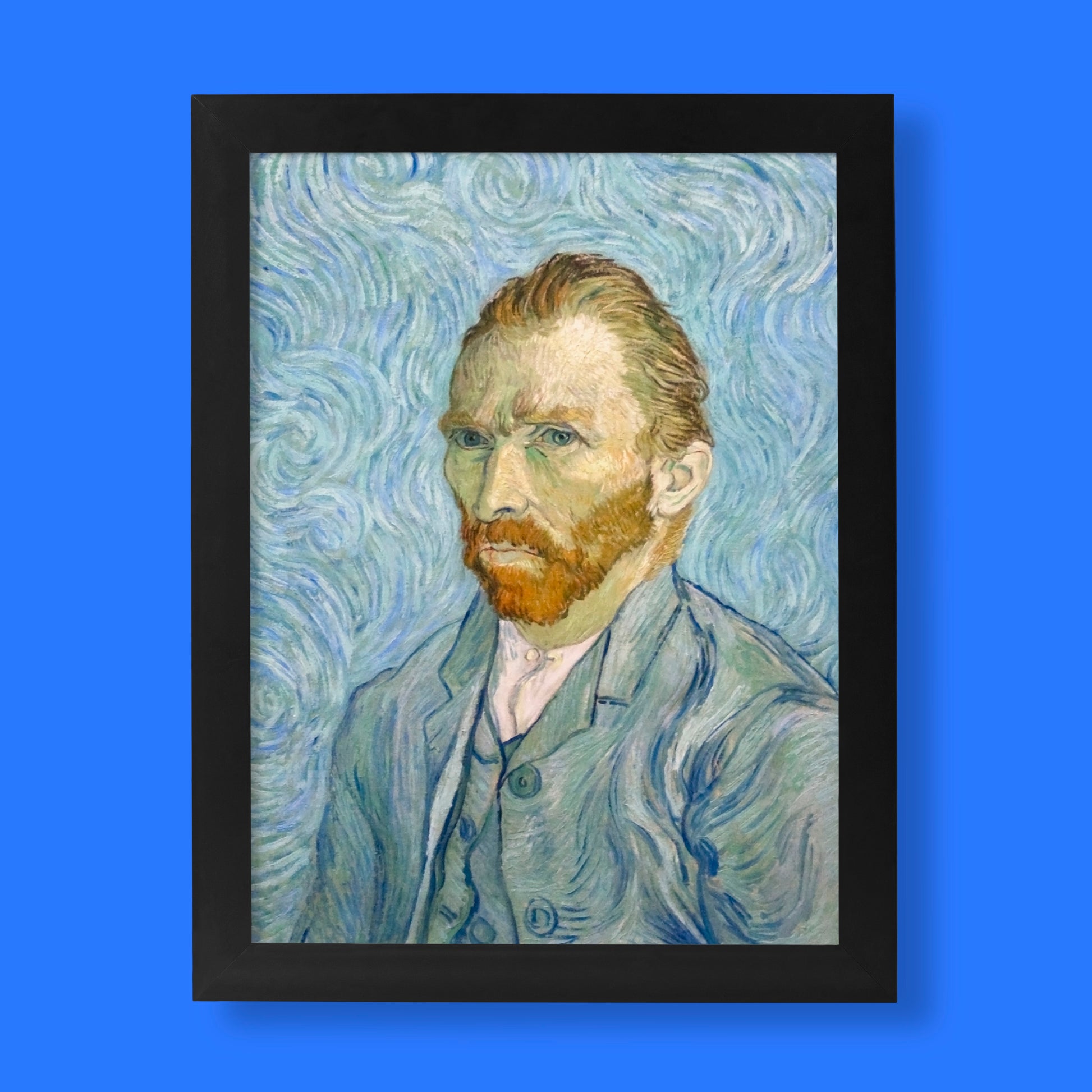 Vincent van Gogh self-portrait Post-Impressionist art print featuring swirling blue background and intense gaze, premium fine art reproduction for contemporary wall art decor
