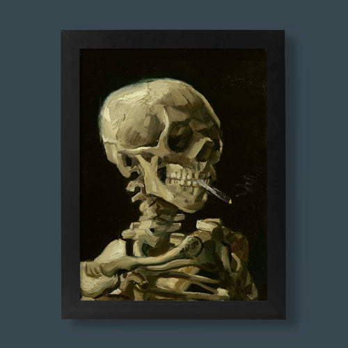 Vincent van Gogh's 'Head of a Skeleton with a Burning Cigarette' fine art print. This iconic oil on canvas reproduction makes for unique wall art and macabre decor. Perfect for art collectors and enthusiasts.