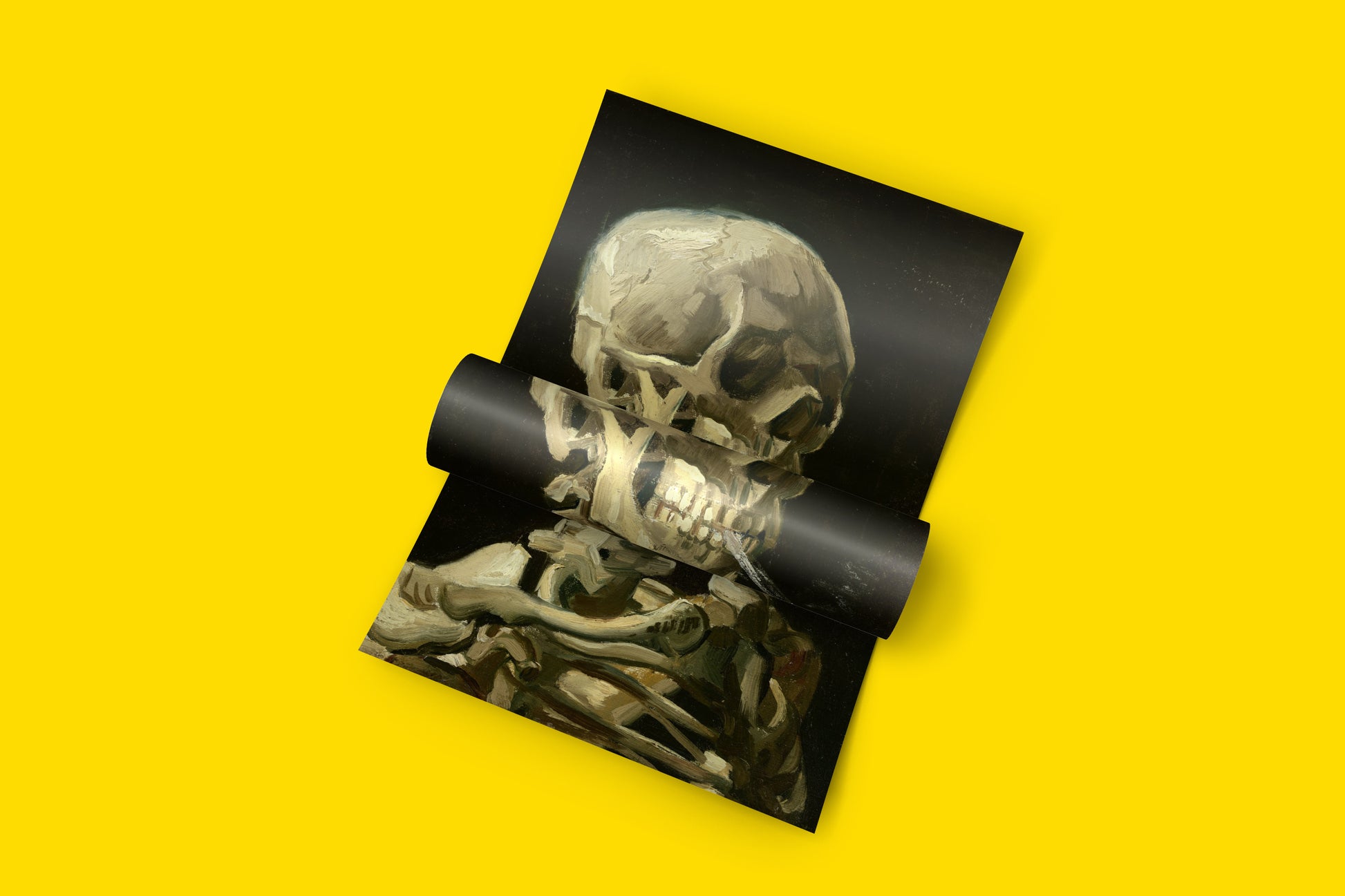 High-resolution rolled art print featuring Vincent van Gogh's iconic 'Head of a Skeleton with a Burning Cigarette' painting. This unframed print on a yellow background is a versatile option for adding historical fine art to any interior as an impactful piece of wall decor.