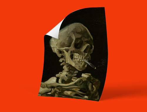 High-quality reproduction print of Vincent van Gogh's 'Head of a Skeleton with a Burning Cigarette,' shown as an unframed art print. This versatile piece of fine art can be displayed as a poster or framed, offering unique wall art for art history enthusiasts.