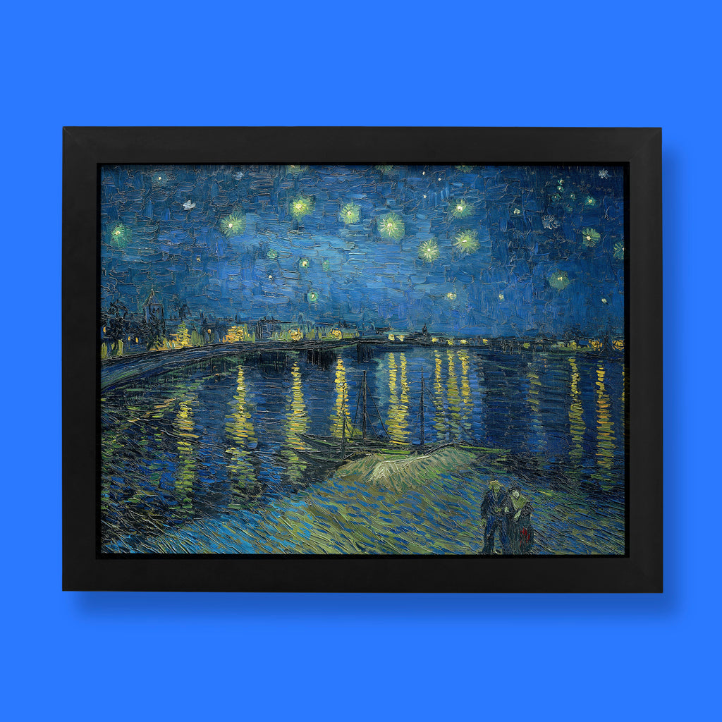A high-quality giclée art print of Vincent van Gogh's iconic painting, "Starry Night Over the Rhône," showing the vibrant blue and yellow colours and a serene night scene with figures by the water. Perfect for fine art collectors.