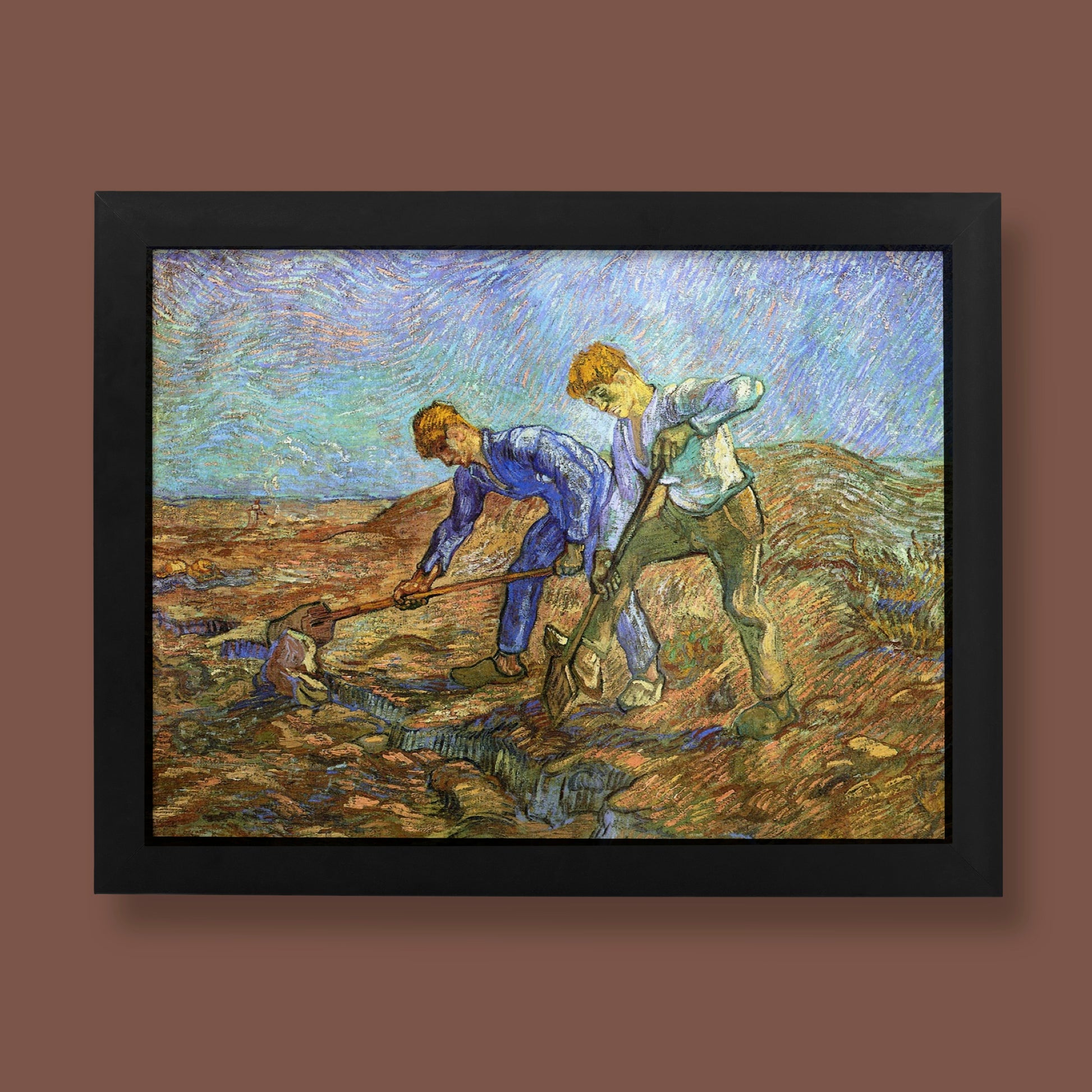 Vincent van Gogh Two Peasants Digging fine art print showing two labourers working in a field with swirling blue sky, museum-quality giclée reproduction on premium paper