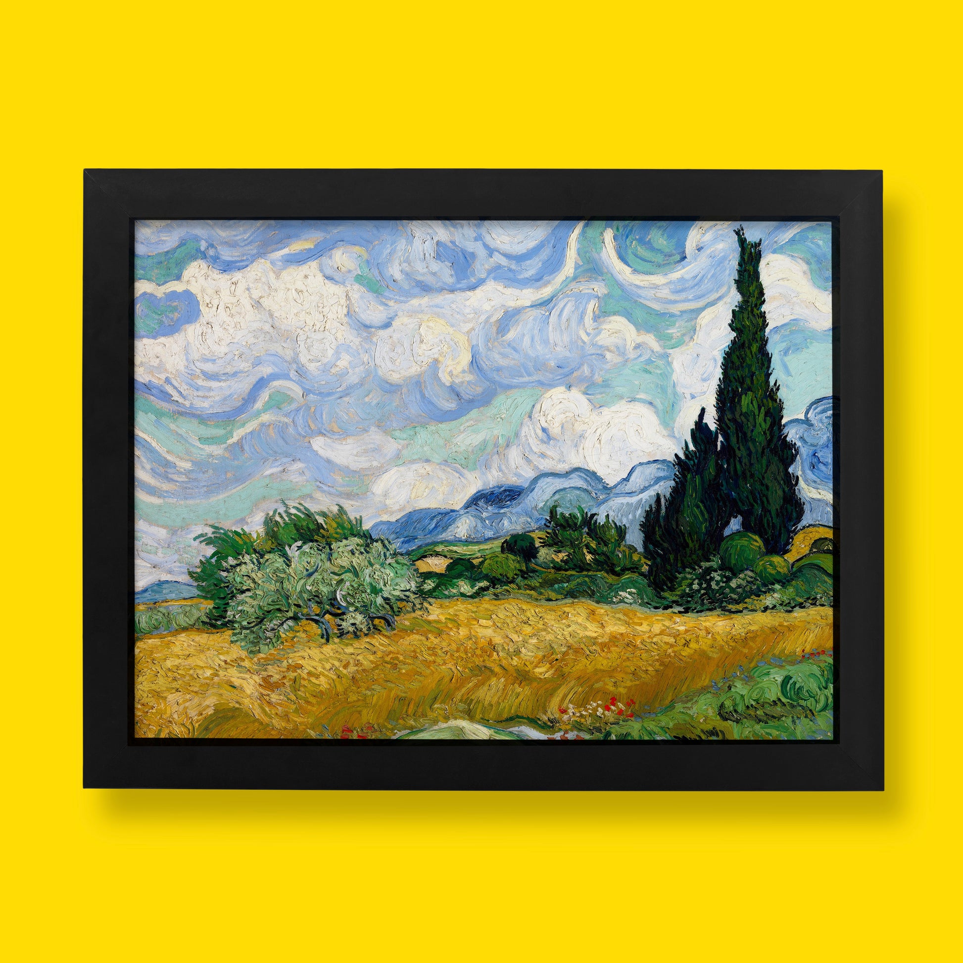 Vincent van Gogh Wheat Field with Cypresses fine art print reproduction featuring golden wheat fields and towering cypress trees, premium giclée wall art for modern home décor