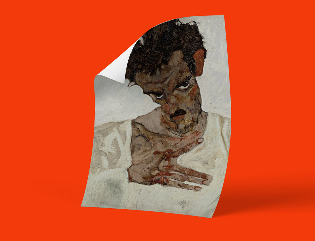 High-quality giclée art print of Egon Schiele's iconic self-portrait, perfect for collectors of vintage Expressionism and unique wall art.
