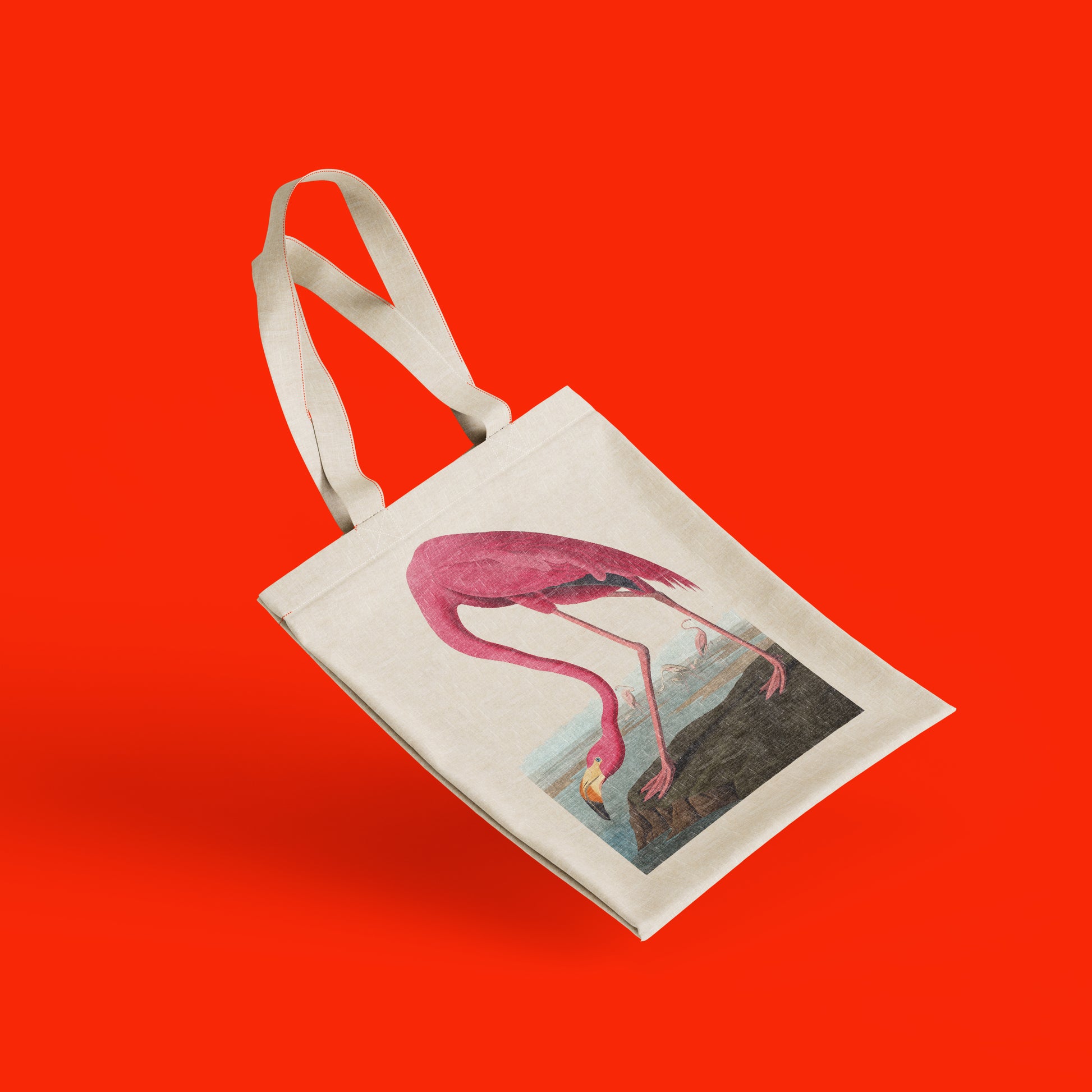 Flat lay of Audubon American Flamingo fine art tote bag on pink background, vintage natural history art print on eco-friendly cotton canvas