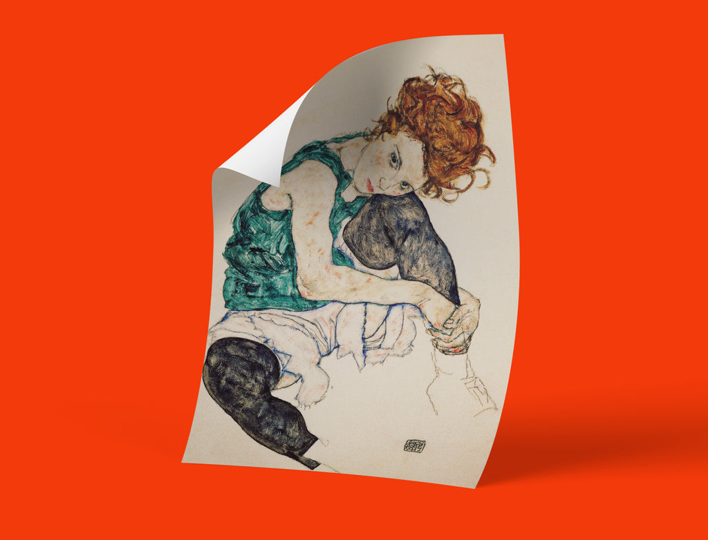 High-quality giclée art print of Egon Schiele's 'Sitzende Frau mit hochgezogenem Knie' (Seated Woman), perfect vintage wall art for art collectors.