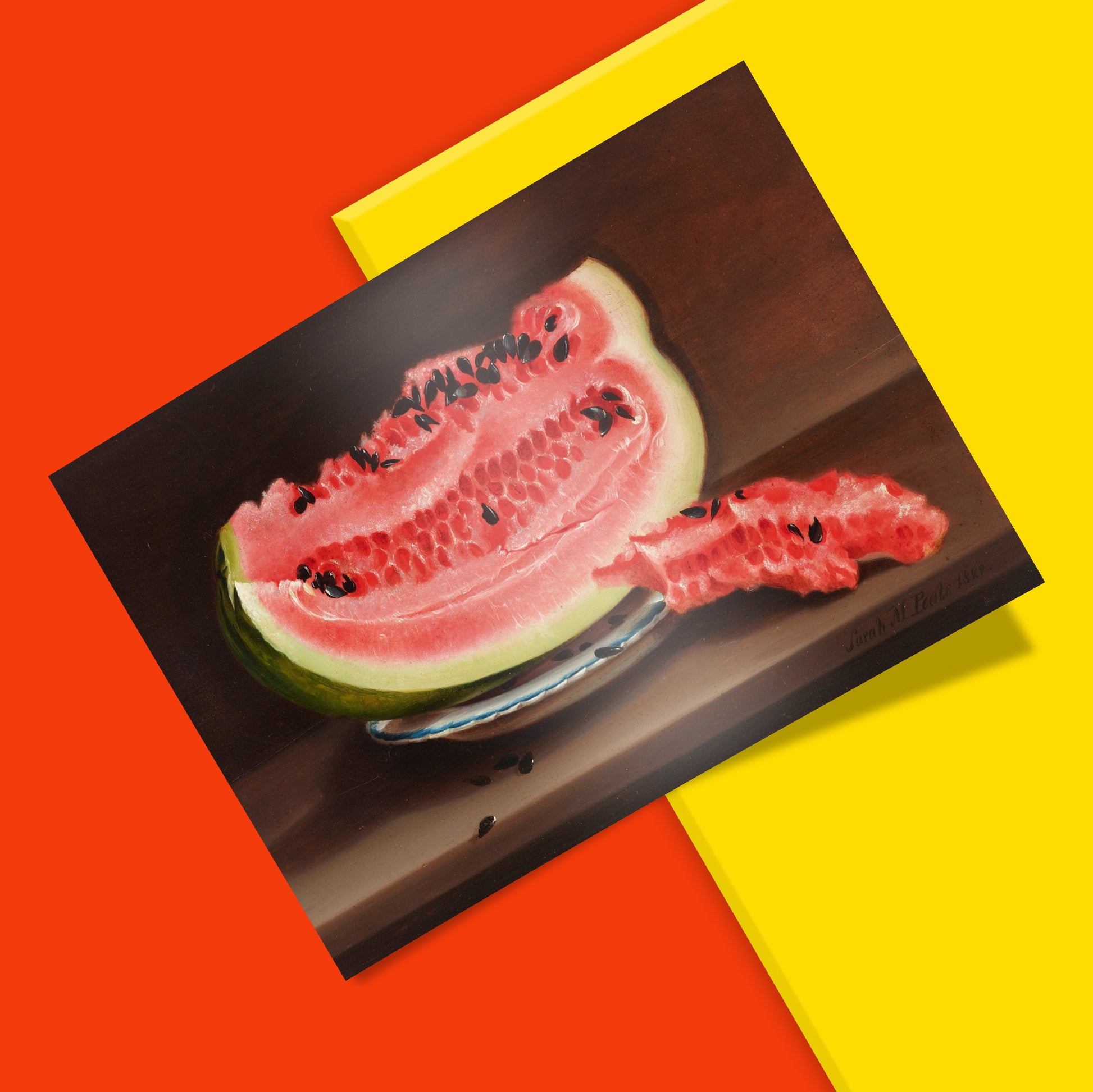 19th century American still life painting of a sliced watermelon, printed as premium wall art for home and office decor