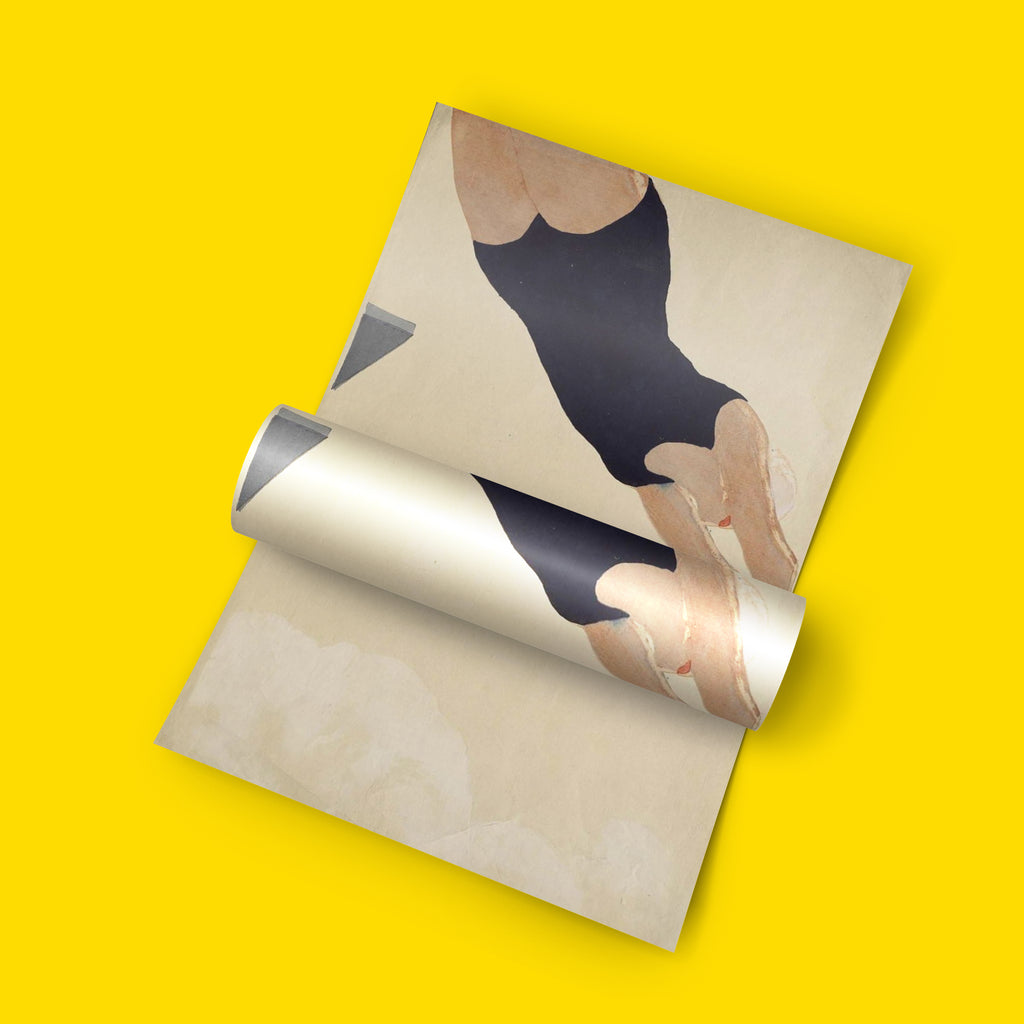 Sōsaku-hanga woodblock wall art print by Japanese modernist master Kōshirō Onchi — minimalist diver composition, pale ground with cloud detail