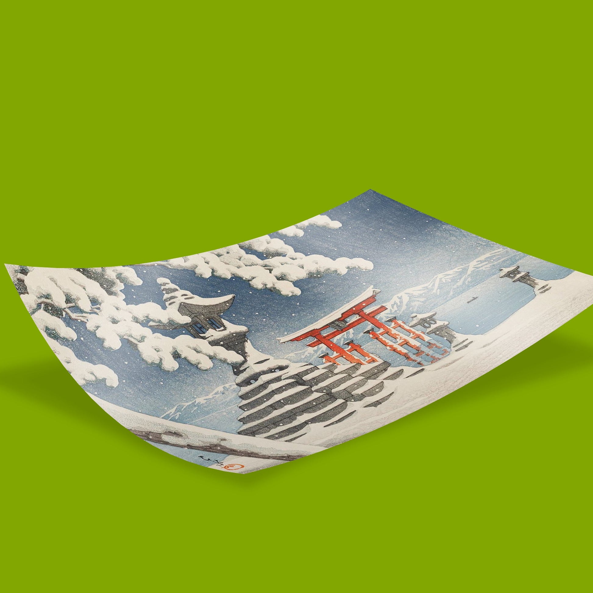Japanese fine art wall art depicting snowy winter scene at Itsukushima with traditional torii gate and pine trees