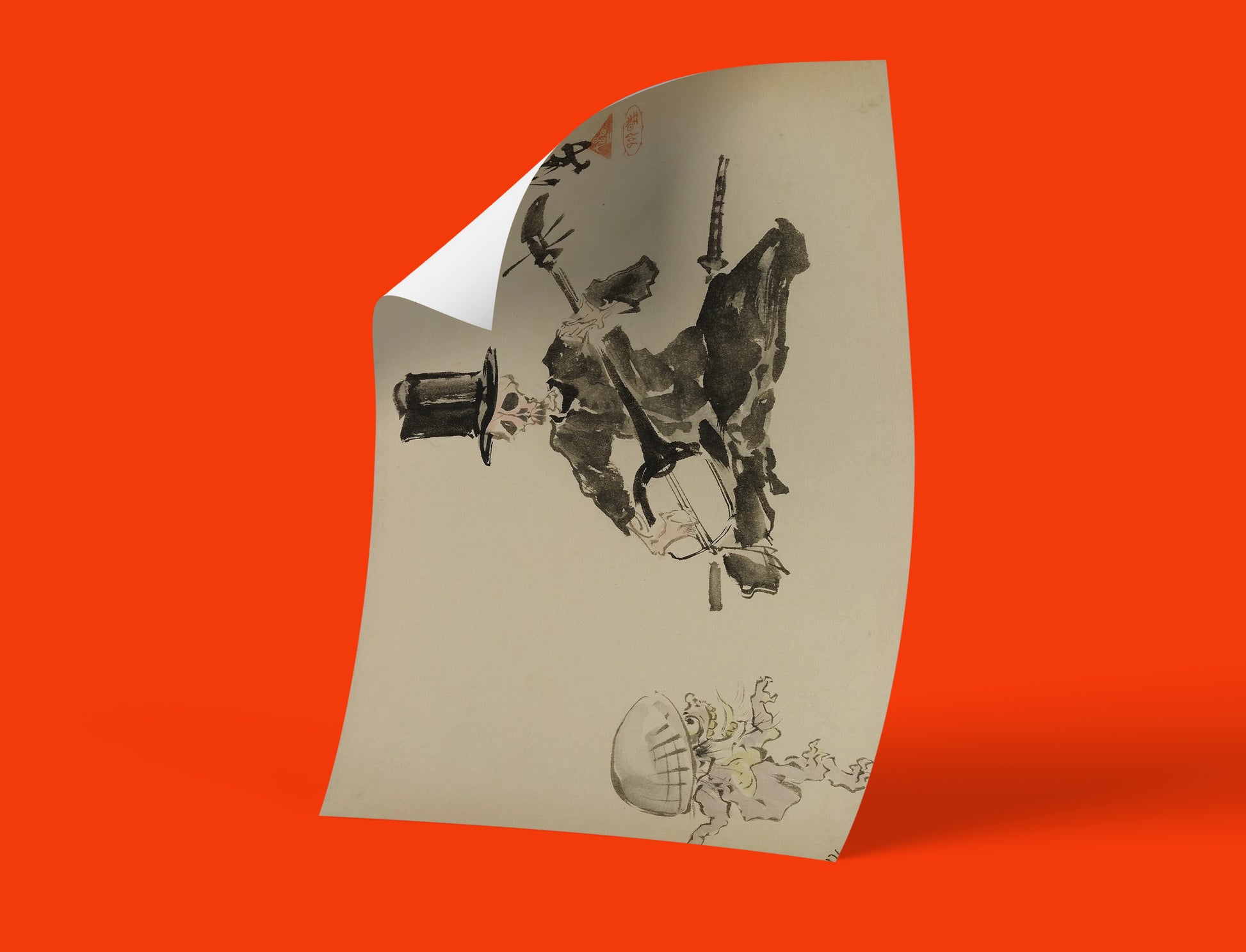 Kawanabe Kyosai Japanese wall art featuring macabre skeleton musician in top hat with yokai, premium fine art print with 12-colour printing technology