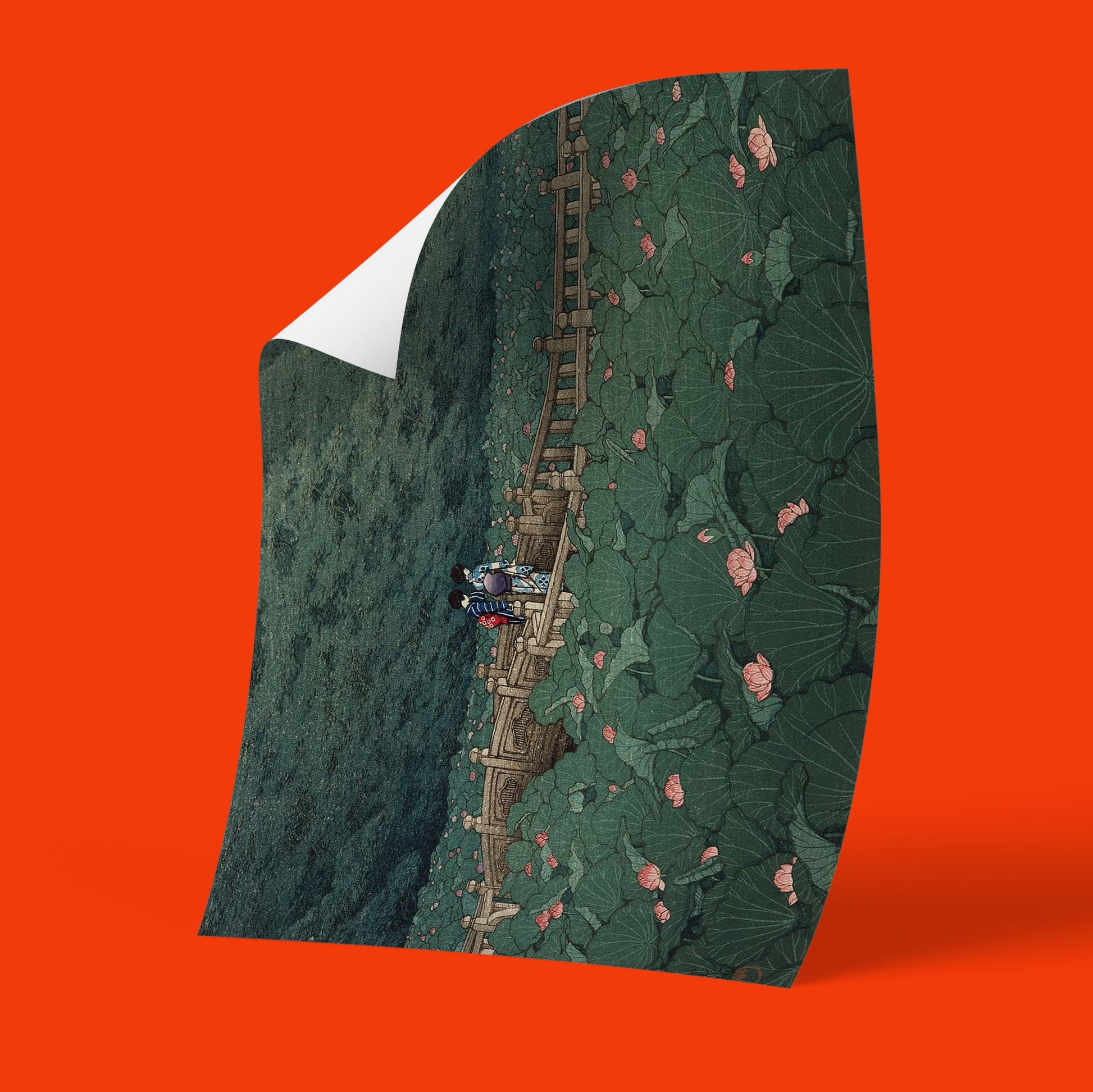 Museum quality giclée art print reproduction of Hasui Kawase masterpiece The Pond at Benten Shrine featuring iconic Japanese scenery with lotus flowers and traditional architecture