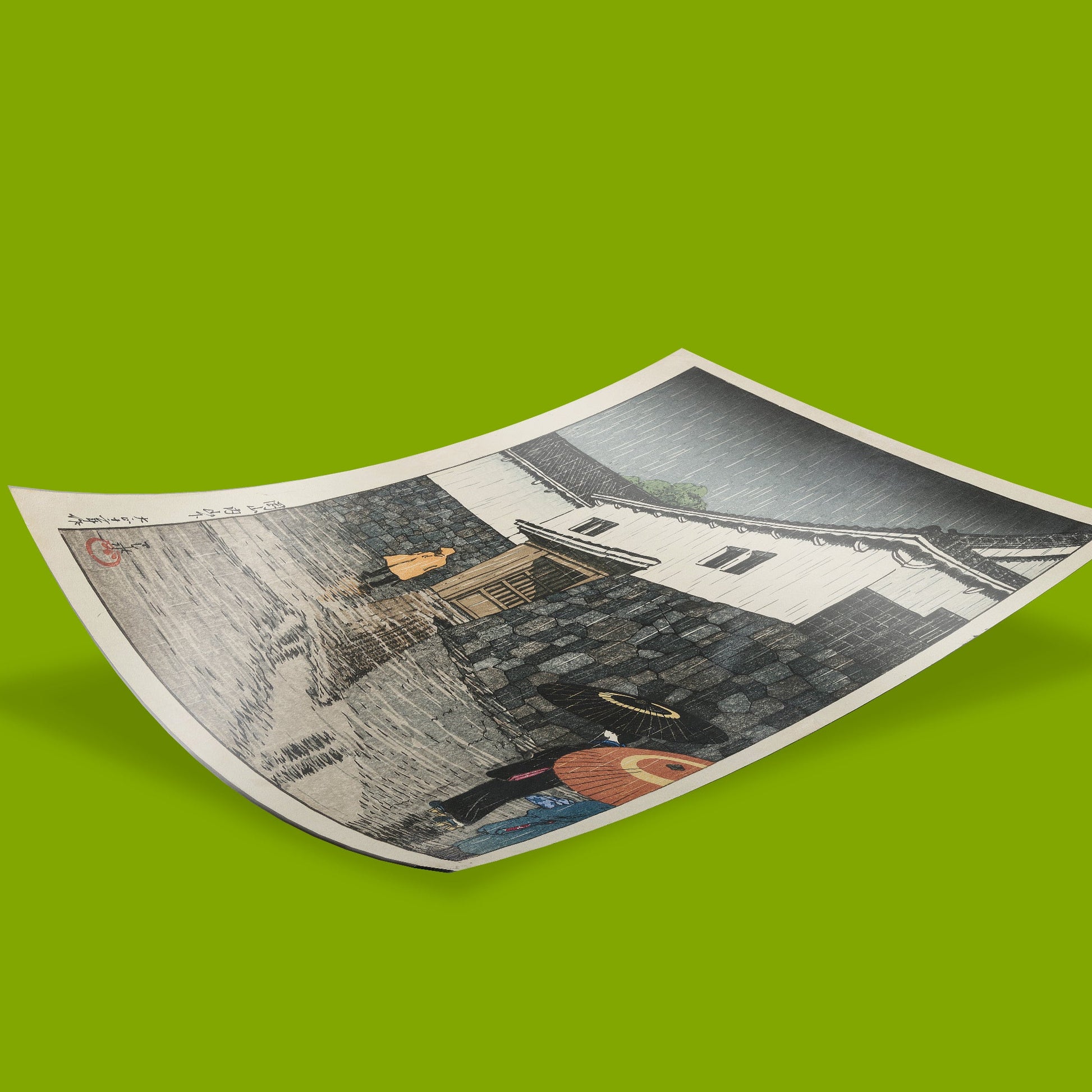 Fine art poster reproduction of Hasui Kawase ukiyo-e landscape showing moody grey skies and traditional Japanese buildings in rainfall