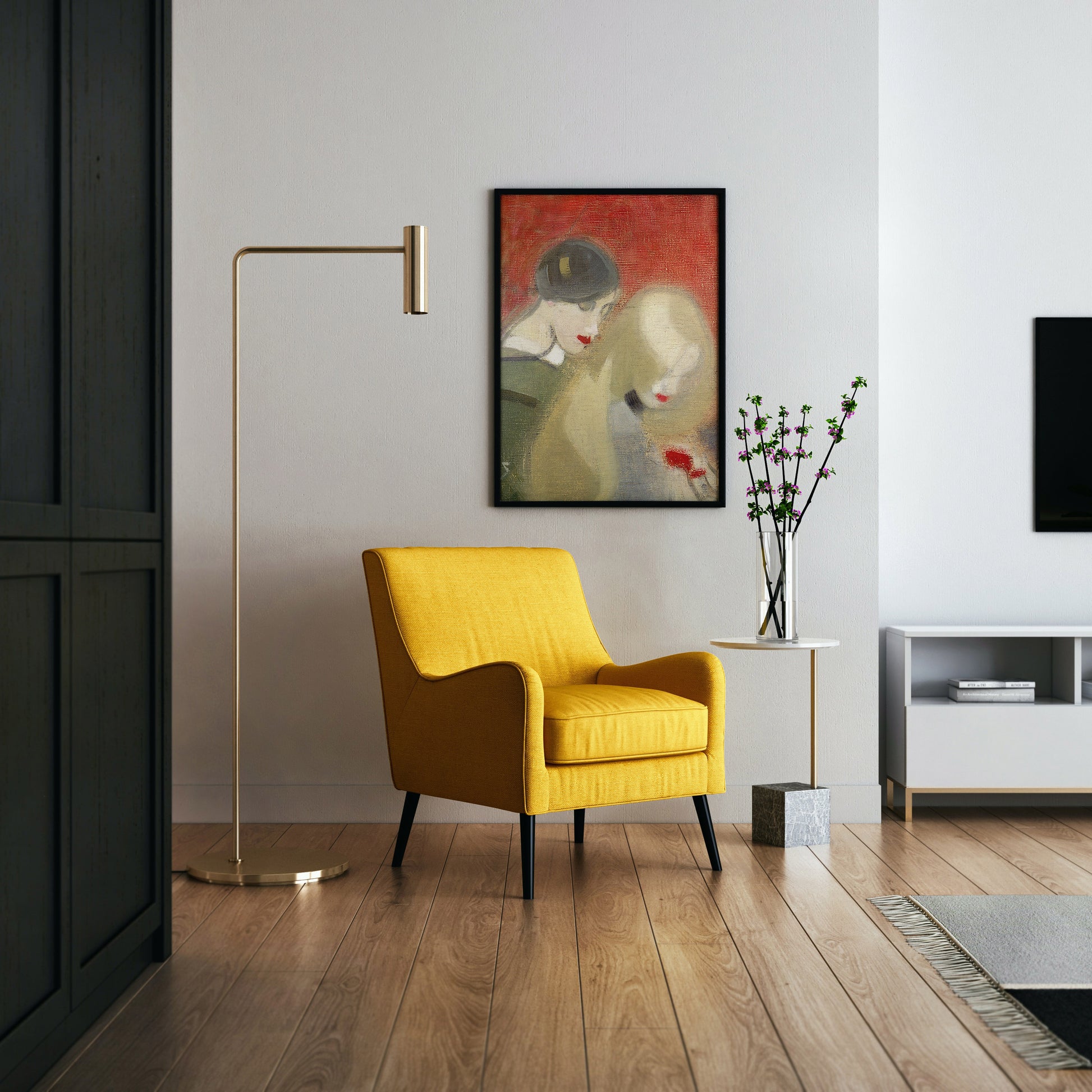 Vintage modernist wall art print by Helene Schjerfbeck featuring two female figures with red lips and a red jewel box, printed on FSC-certified 200gsm matte paper