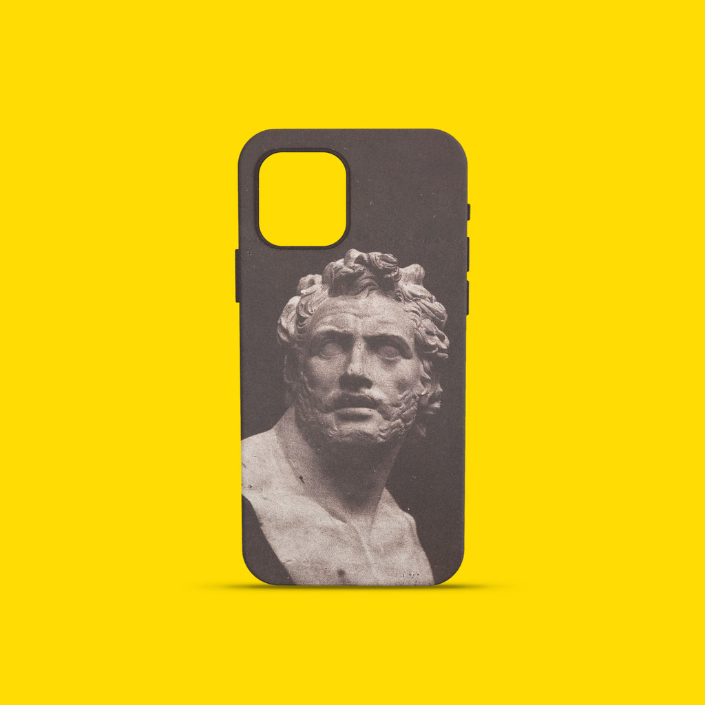 The ART SNOB phone case featuring a vintage photography print of the 'Bust of Patroclus', highlighting the unique design and high-quality artistic detail.