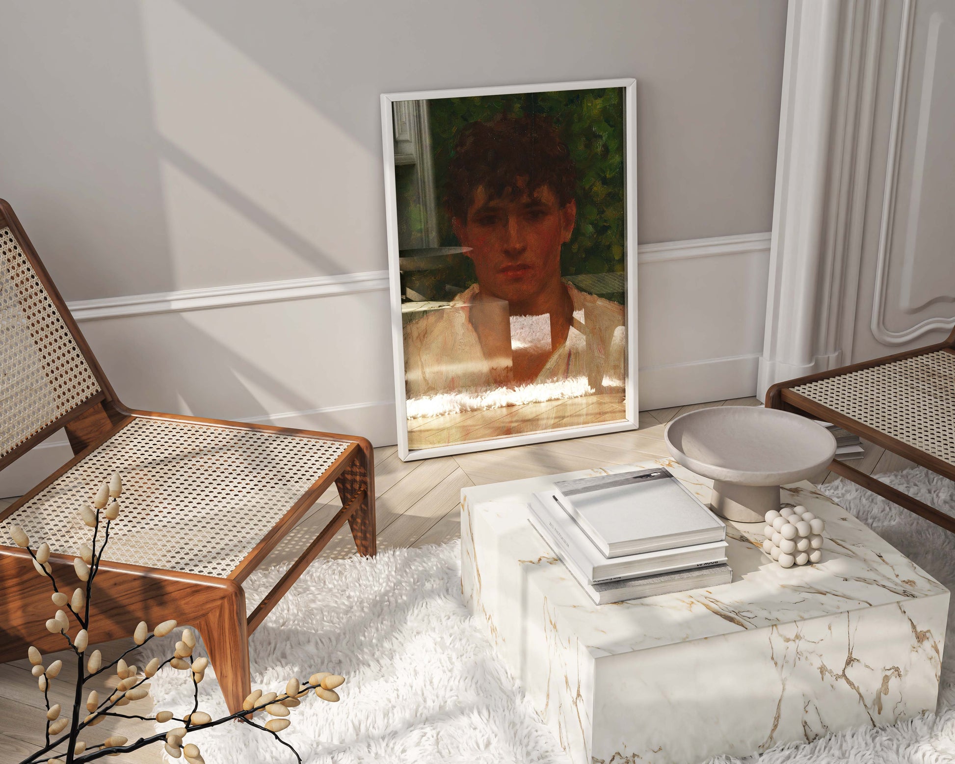 High-quality framed wall art of Henry Scott Tuke's portrait hanging in a high-end, stylish living room as part of a gallery wall.