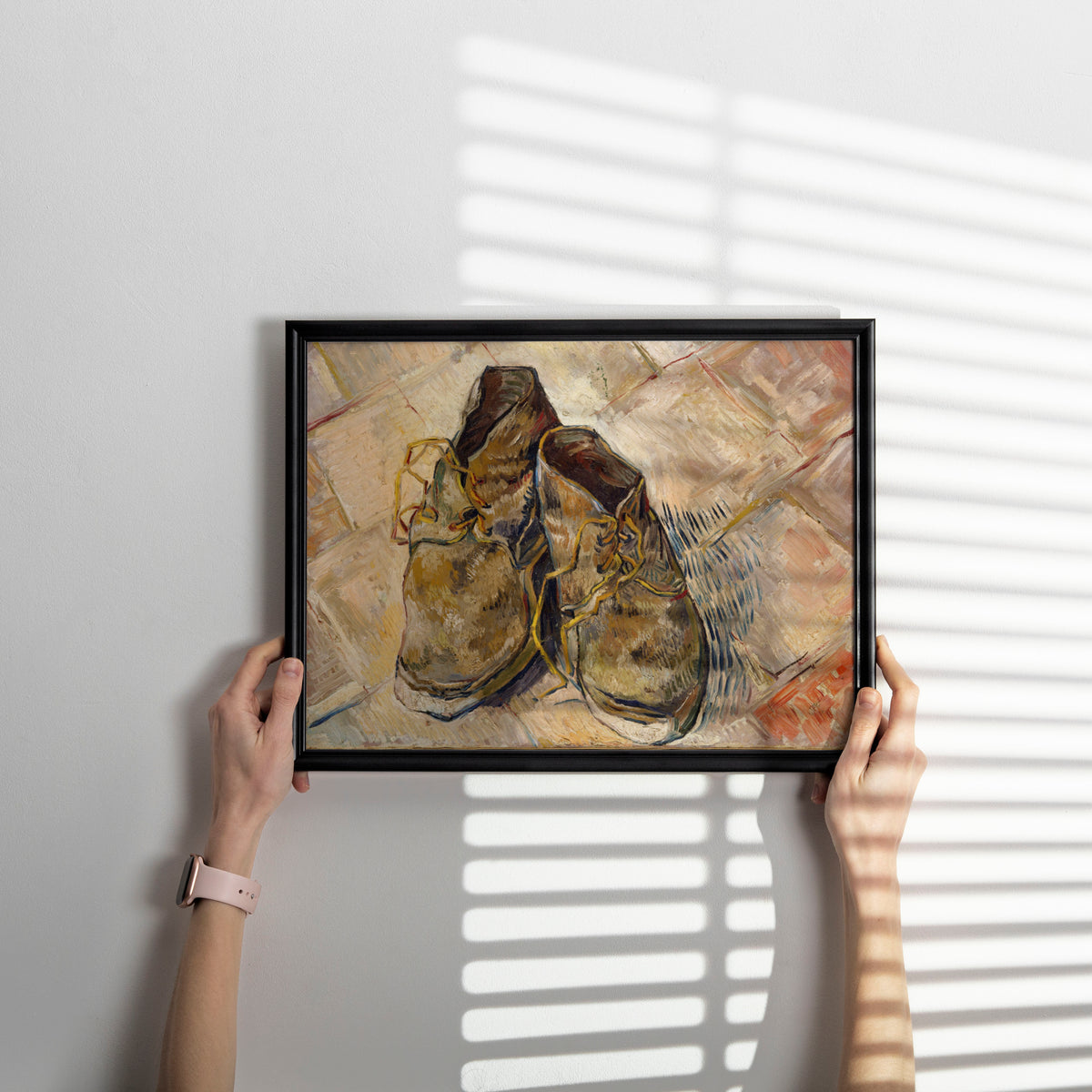 Matte finish wall art print of Vincent van Gogh's rustic work boots still life in warm earth tones for gallery wall decor.