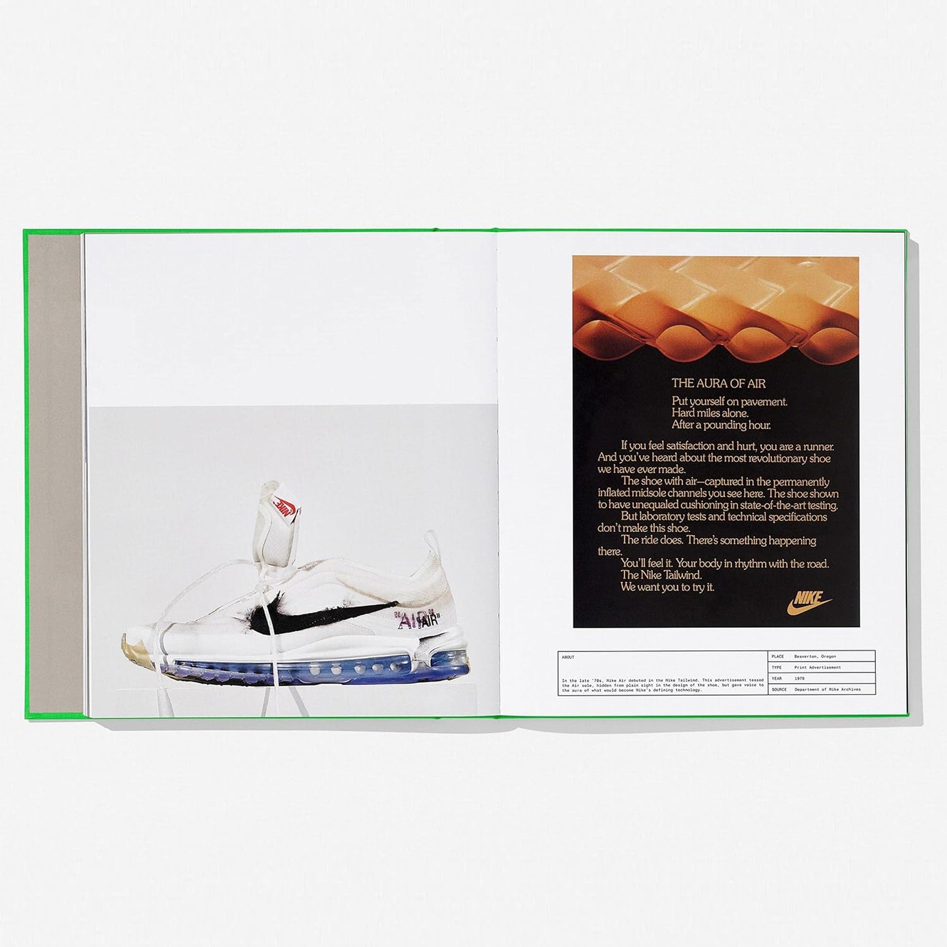 Interior book spread showing the Virgil Abloh and Nike collaboration, including a close-up of a deconstructed Off-White sneaker and an original Nike "The Aura of Air" advertisement.