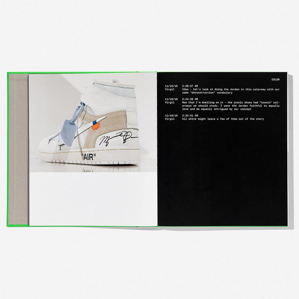 A two-page spread from the luxury fashion book featuring a detailed image of a signed Off-White x Air Jordan 1 sneaker on the left and a transcription of Abloh's design notes on the right.