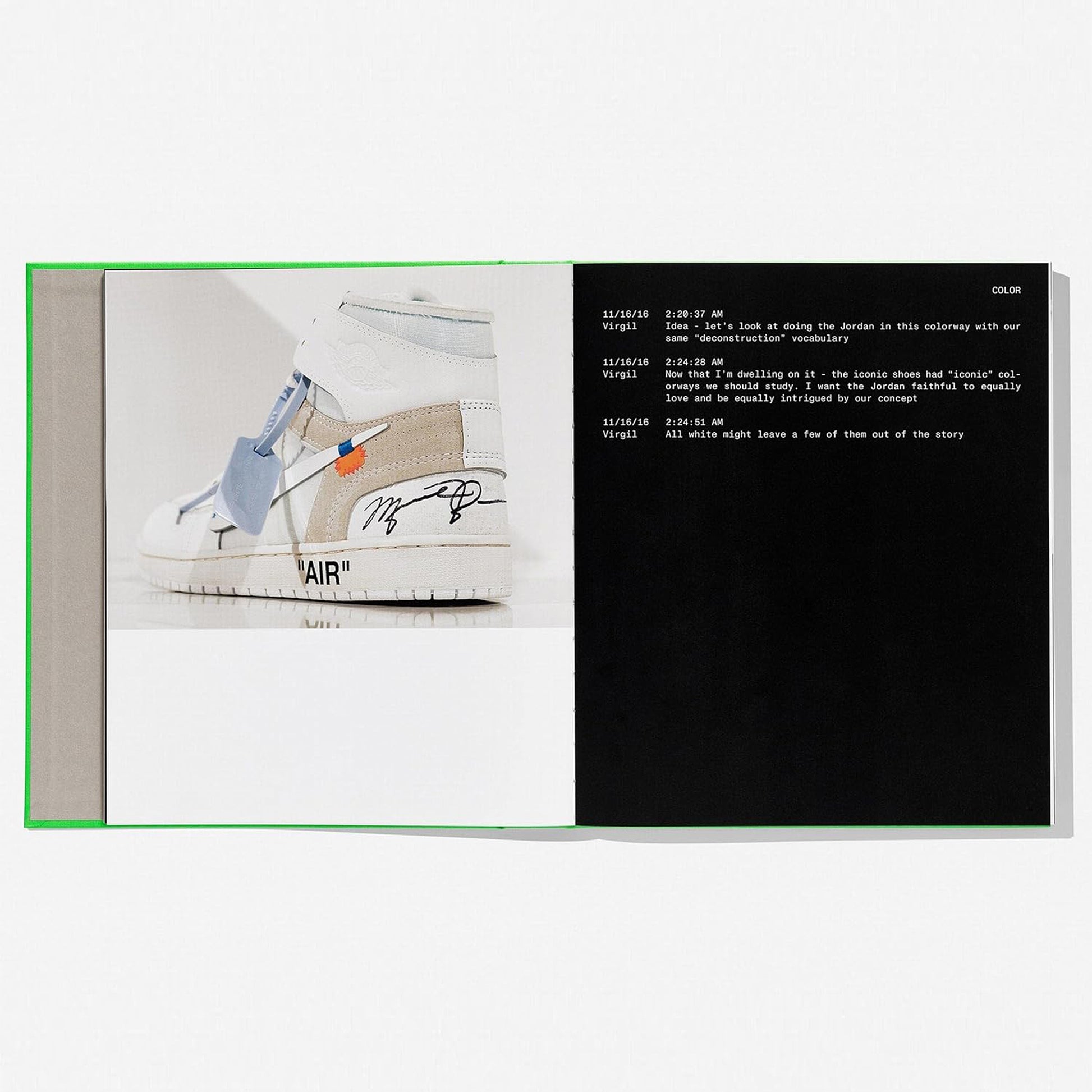 A two-page spread from the luxury fashion book featuring a detailed image of a signed Off-White x Air Jordan 1 sneaker on the left and a transcription of Abloh's design notes on the right.