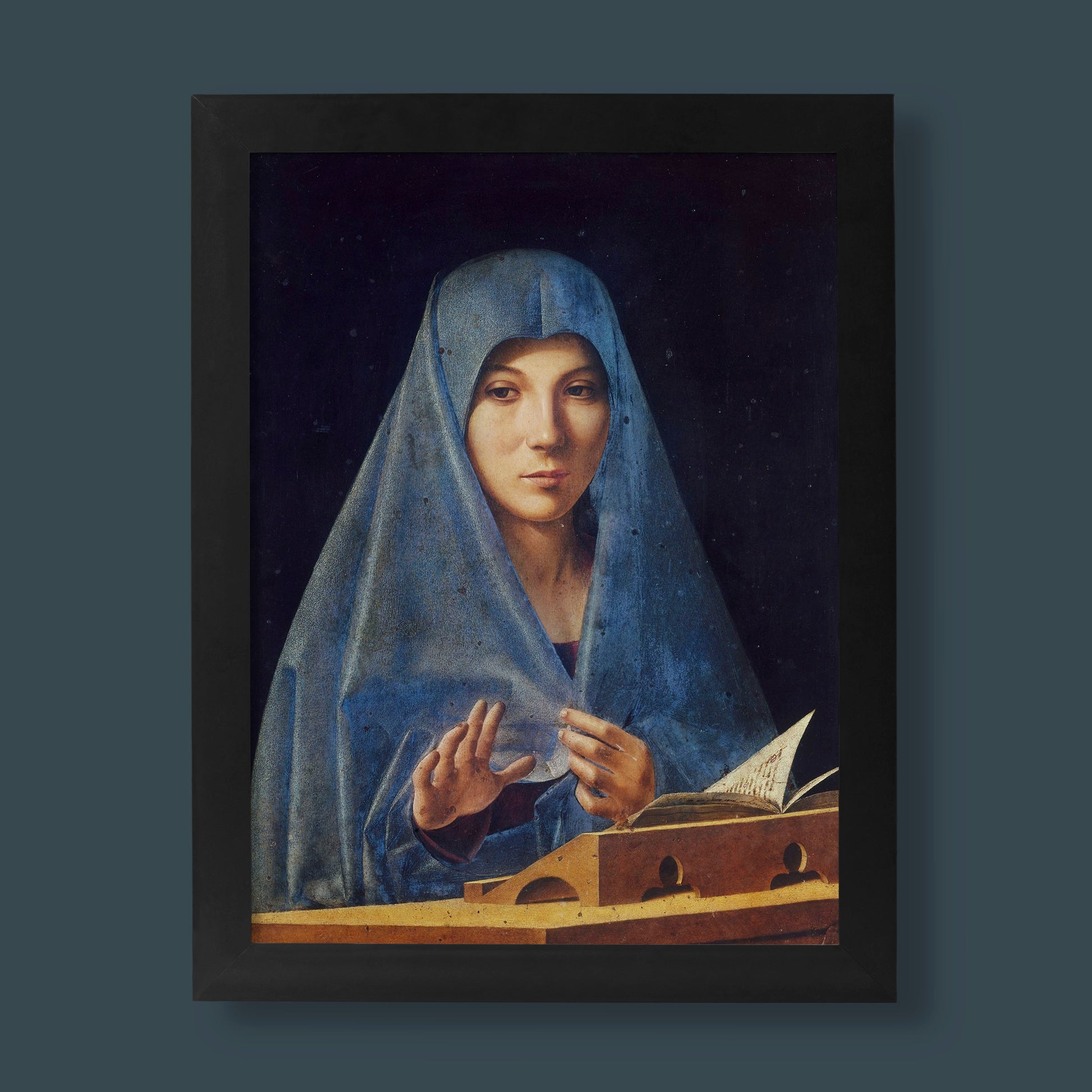 A serene and captivating art print of The Virgin Annunciate by Italian Renaissance master Antonello da Messina.