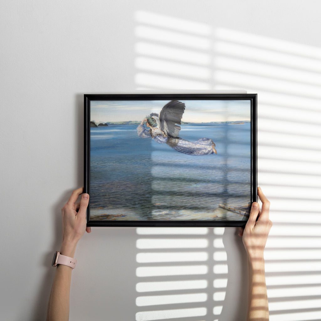 Fine art print of Virgin Blidelil wearing a wildflower crown, flying in lavender silk over a shimmering seascape