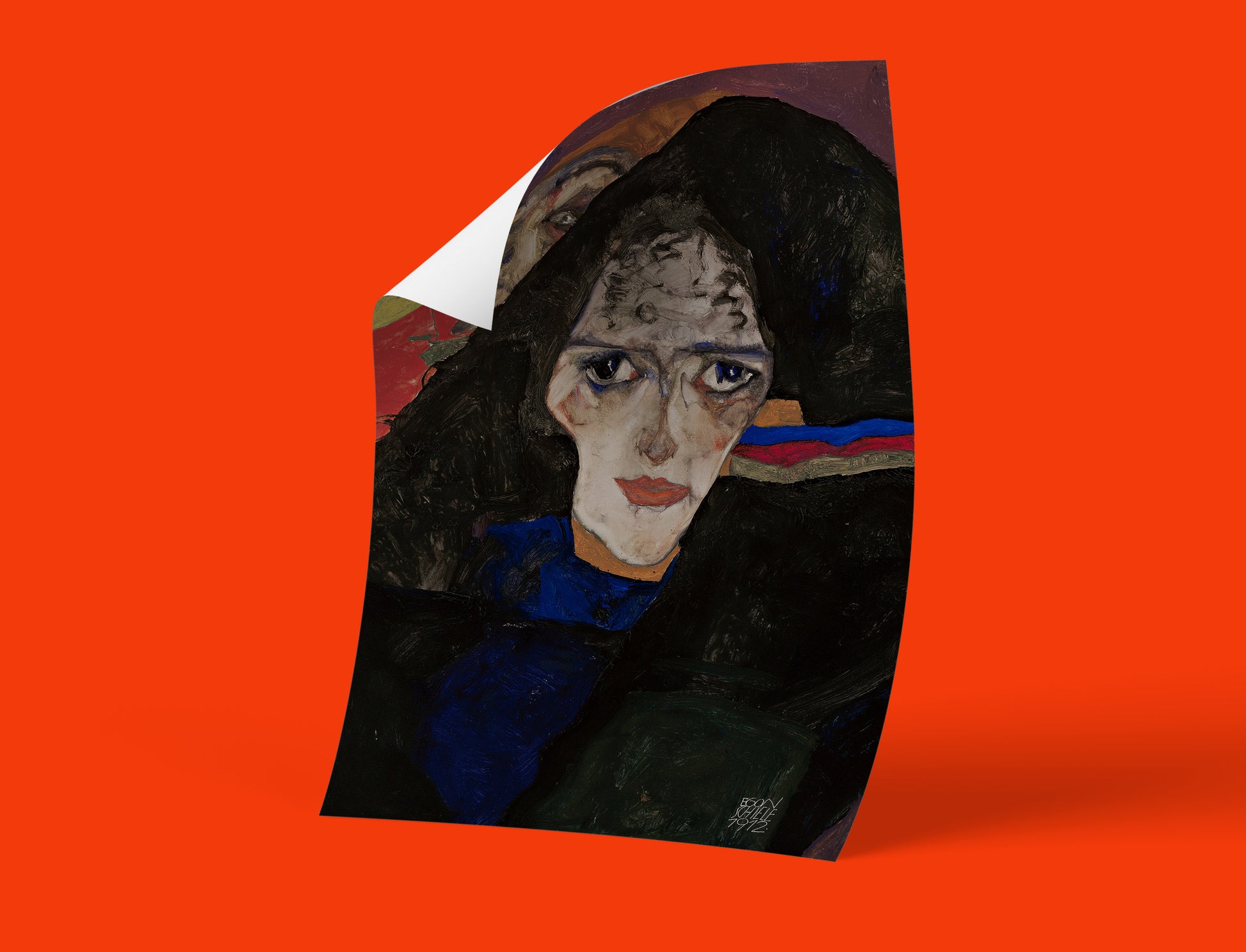 Iconic Egon Schiele painting, 'Mourning Woman' featuring Wally Neuzil, available as a high-quality giclée art print perfect for art collectors.
