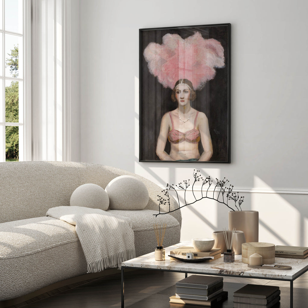 Walt Kuhn Chorus Captain art print for home decor, a striking fine art poster of a 1930s showgirl in pink feathers.