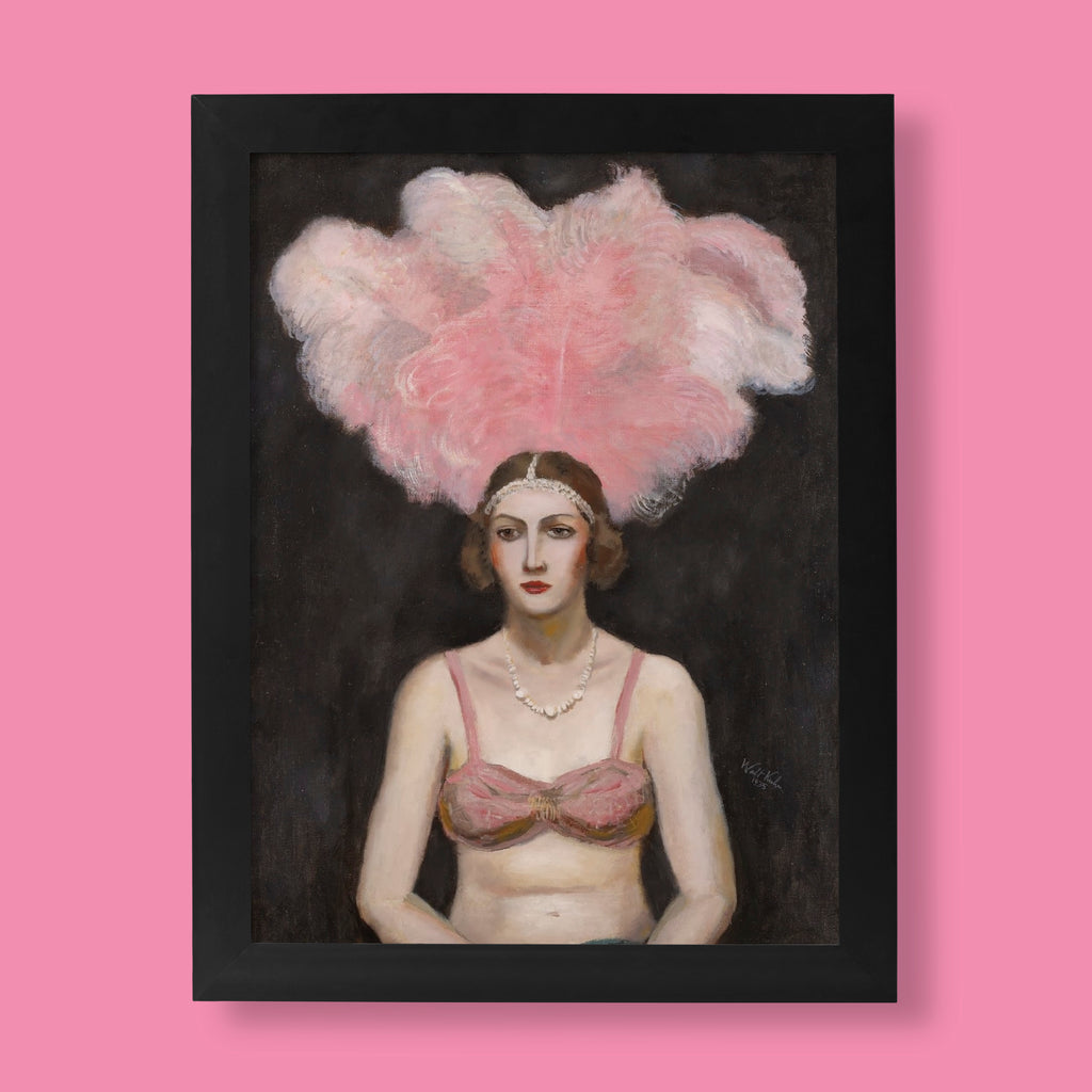 Walt Kuhn Chorus Captain fine art print, a vintage showgirl portrait with pink ostrich feather headdress.