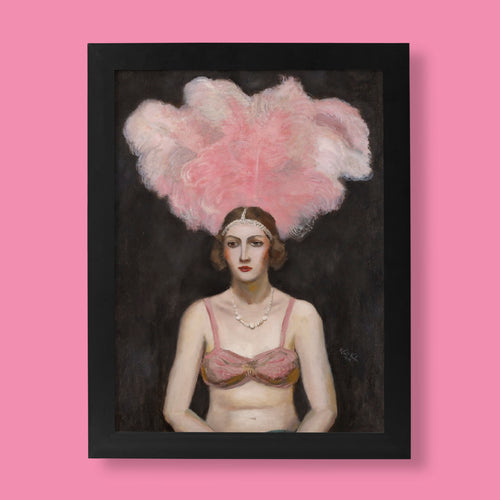 Walt Kuhn Chorus Captain fine art print, a vintage showgirl portrait with pink ostrich feather headdress.