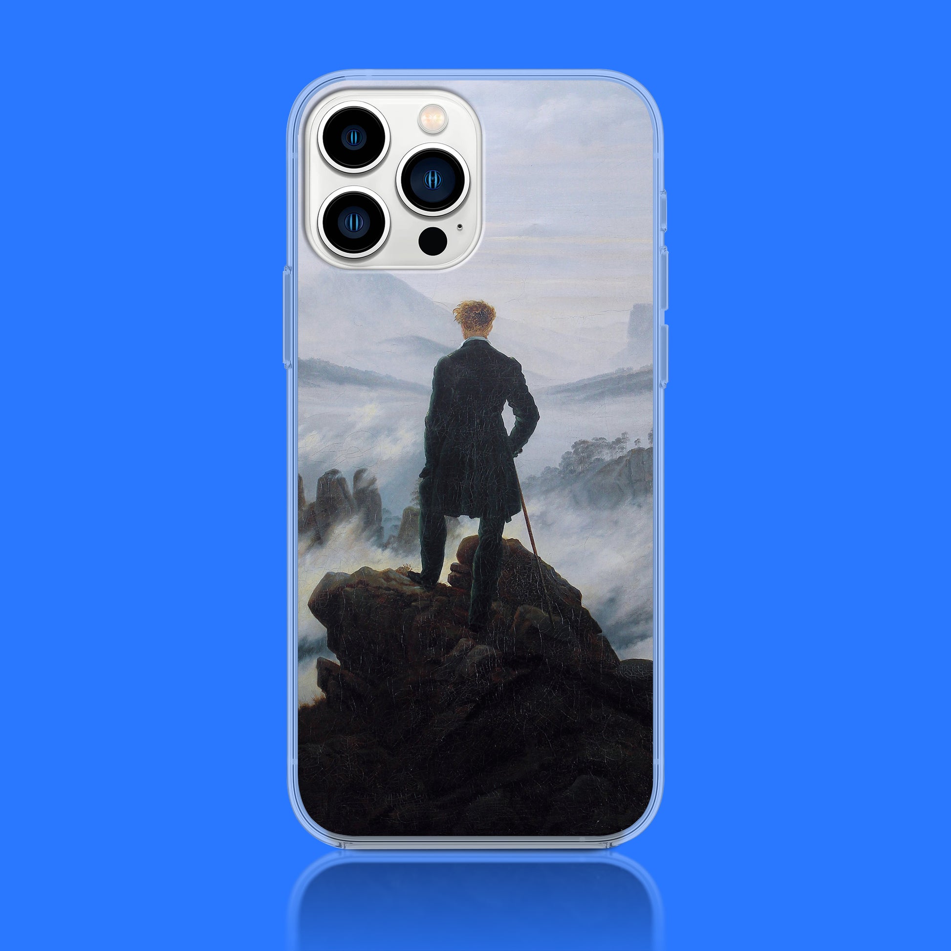 Close-up of Caspar David Friedrich Wanderer above the Sea of Fog fine art phone case showing detailed Romanticism painting design
