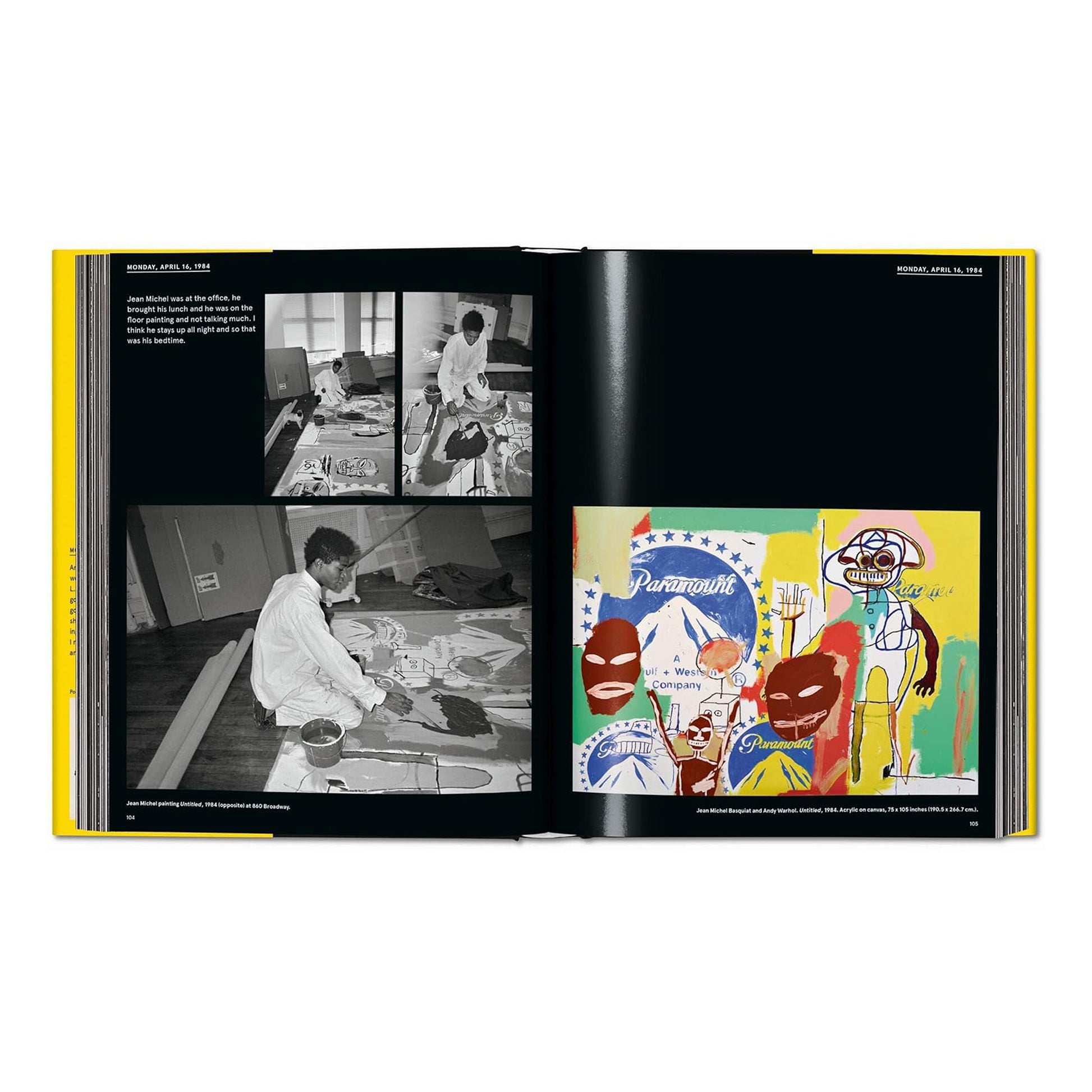 An open book spread from the TASCHEN art book, showcasing photographs of Jean-Michel Basquiat painting on the floor and a final collaborative artwork with Andy Warhol.