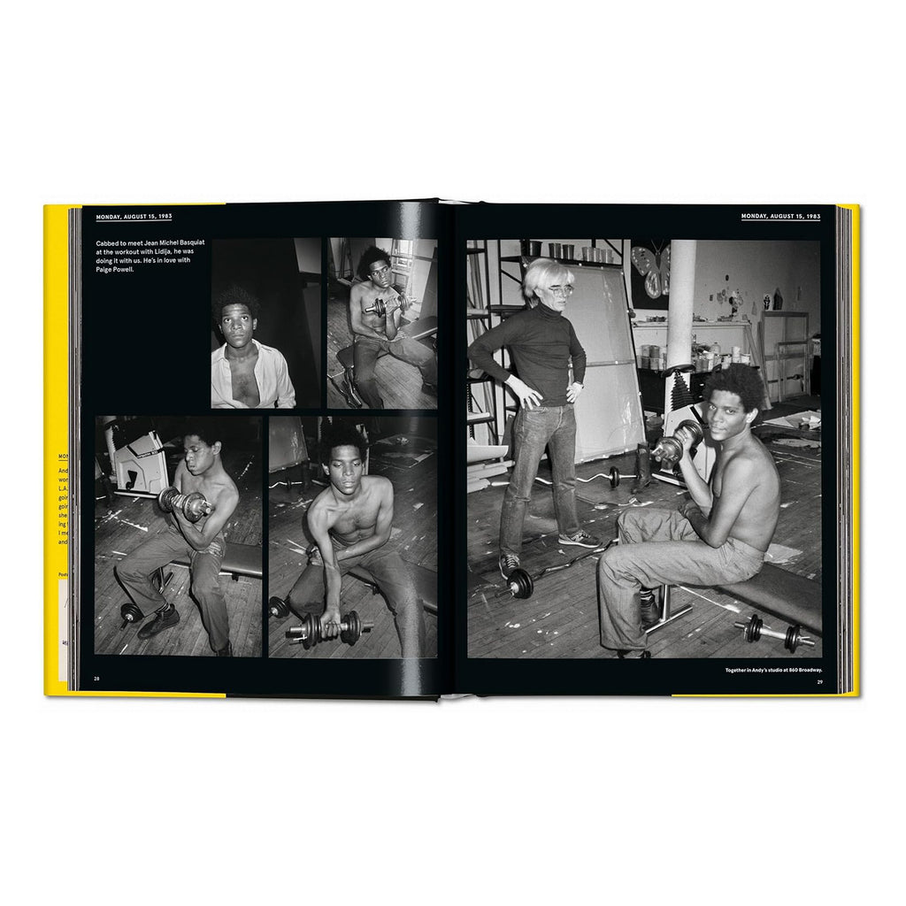 A two-page spread from the Warhol on Basquiat art book, showing black and white photographs of Andy Warhol and Jean-Michel Basquiat in 1980s New York, accompanied by a diary entry by Warhol.
