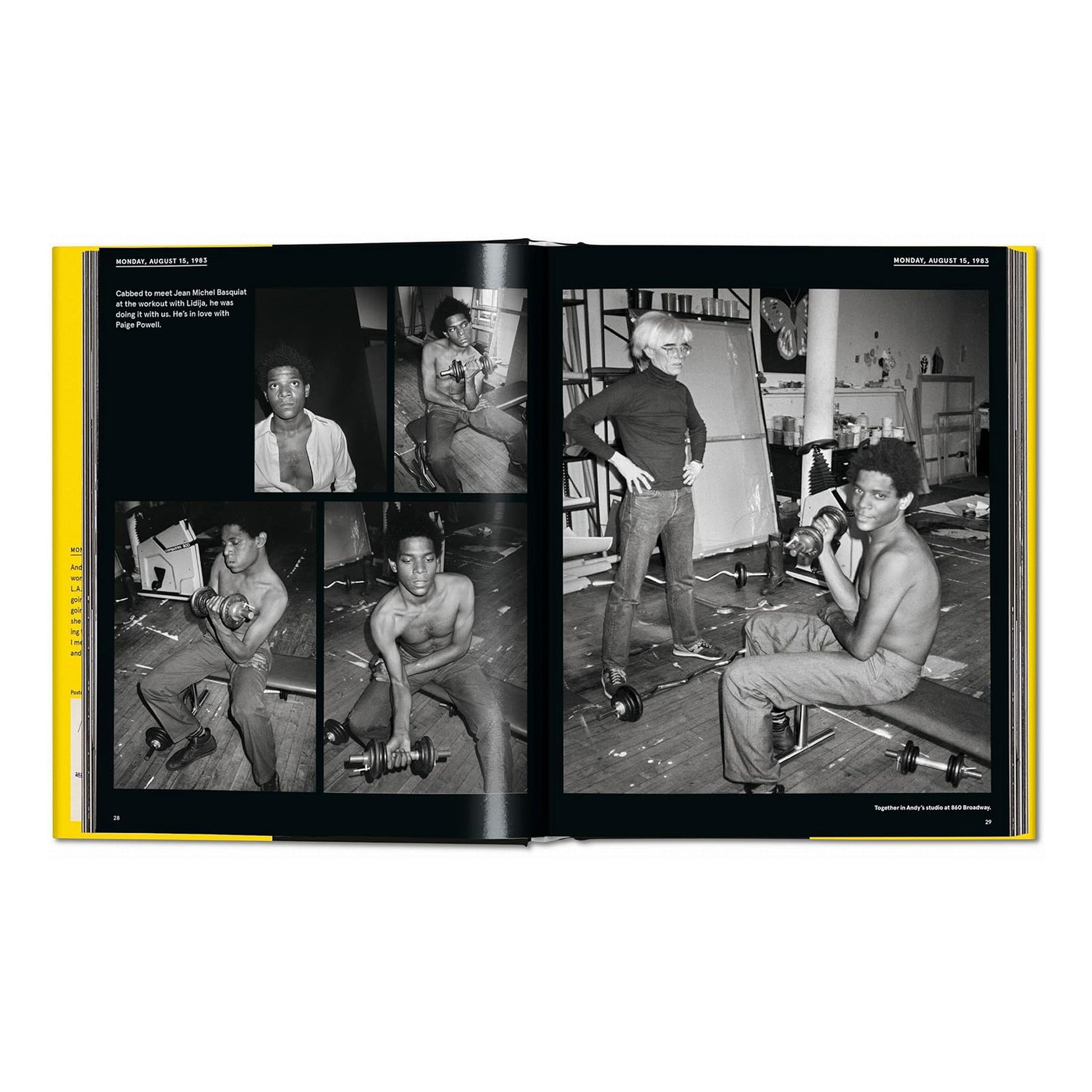 A two-page spread from the Warhol on Basquiat art book, showing black and white photographs of Andy Warhol and Jean-Michel Basquiat in 1980s New York, accompanied by a diary entry by Warhol.