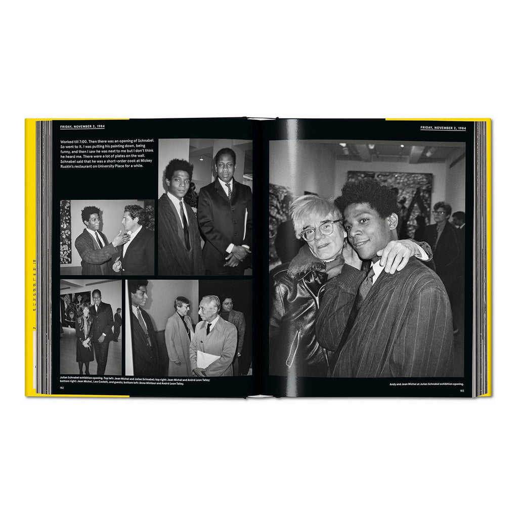 A spread from the Warhol on Basquiat art book showing Andy Warhol and Jean-Michel Basquiat together at Rockefeller Center, along with a diary entry and other event photos from the 1980s.