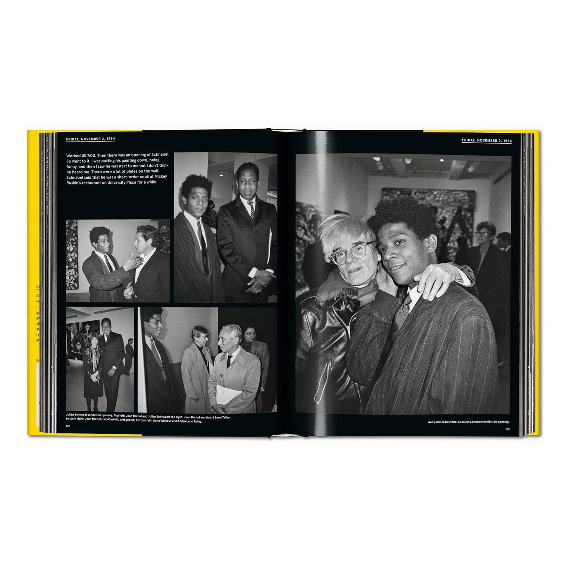 A spread from the Warhol on Basquiat art book showing Andy Warhol and Jean-Michel Basquiat together at Rockefeller Center, along with a diary entry and other event photos from the 1980s.