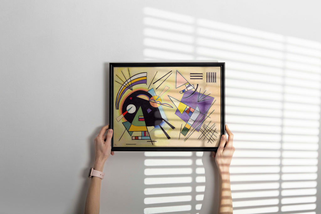 Wassily Kandinsky Black and Violet framed wall art hanging in contemporary home interior - museum-quality 1923 abstract geometric print with stylish frame, perfect modern decor accent