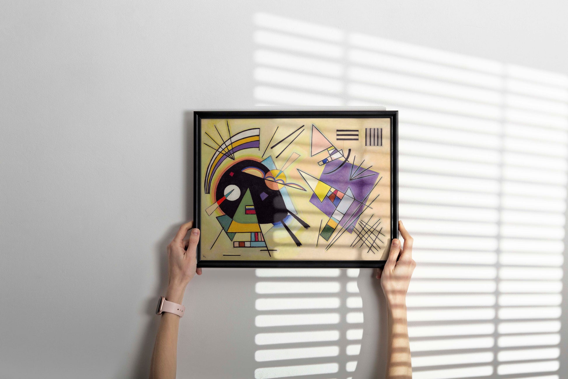 Wassily Kandinsky Black and Violet framed wall art hanging in contemporary home interior - museum-quality 1923 abstract geometric print with stylish frame, perfect modern decor accent