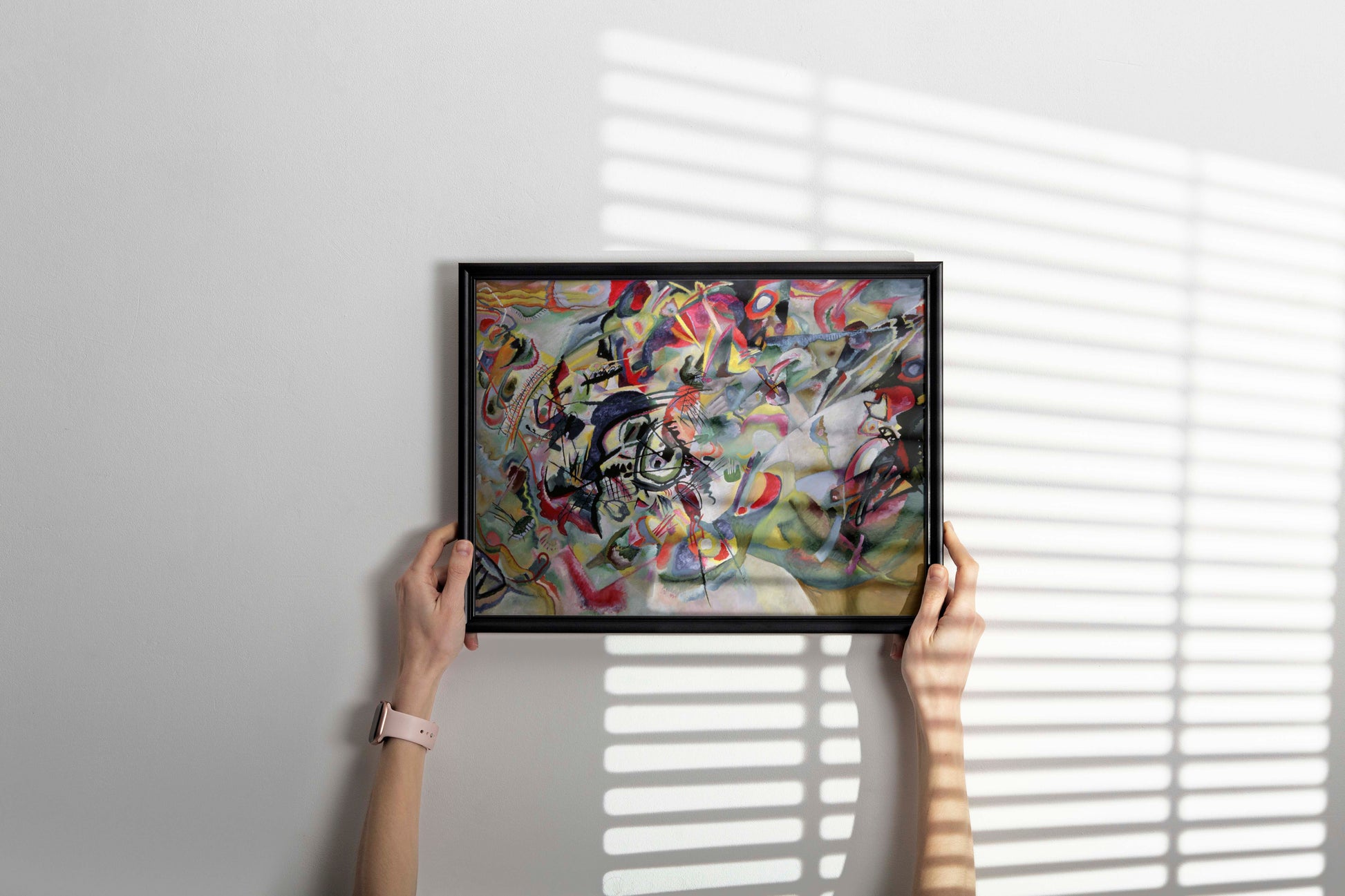 Wassily Kandinsky Composition 7 framed wall art hanging in contemporary home interior - museum-quality abstract art print with stylish black frame and white mount