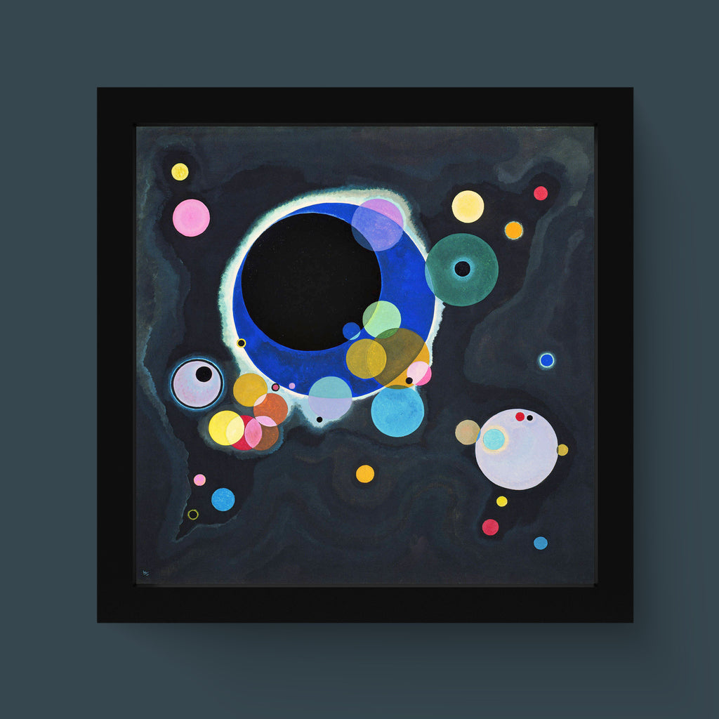 Wassily Kandinsky Several Circles fine art print featuring geometric abstract circles on dark background, premium giclée wall art for modern homes