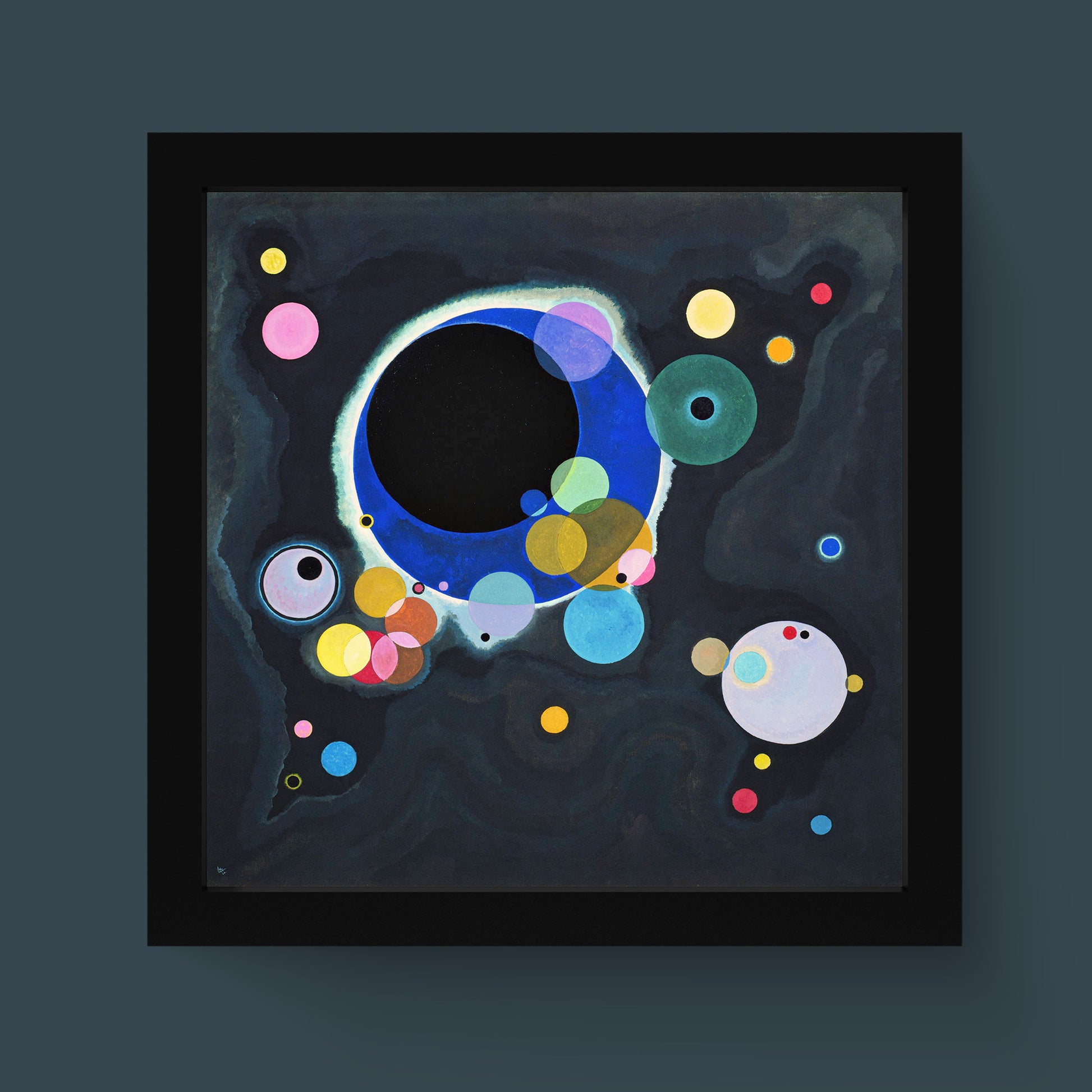 Wassily Kandinsky Several Circles fine art print featuring geometric abstract circles on dark background, premium giclée wall art for modern homes